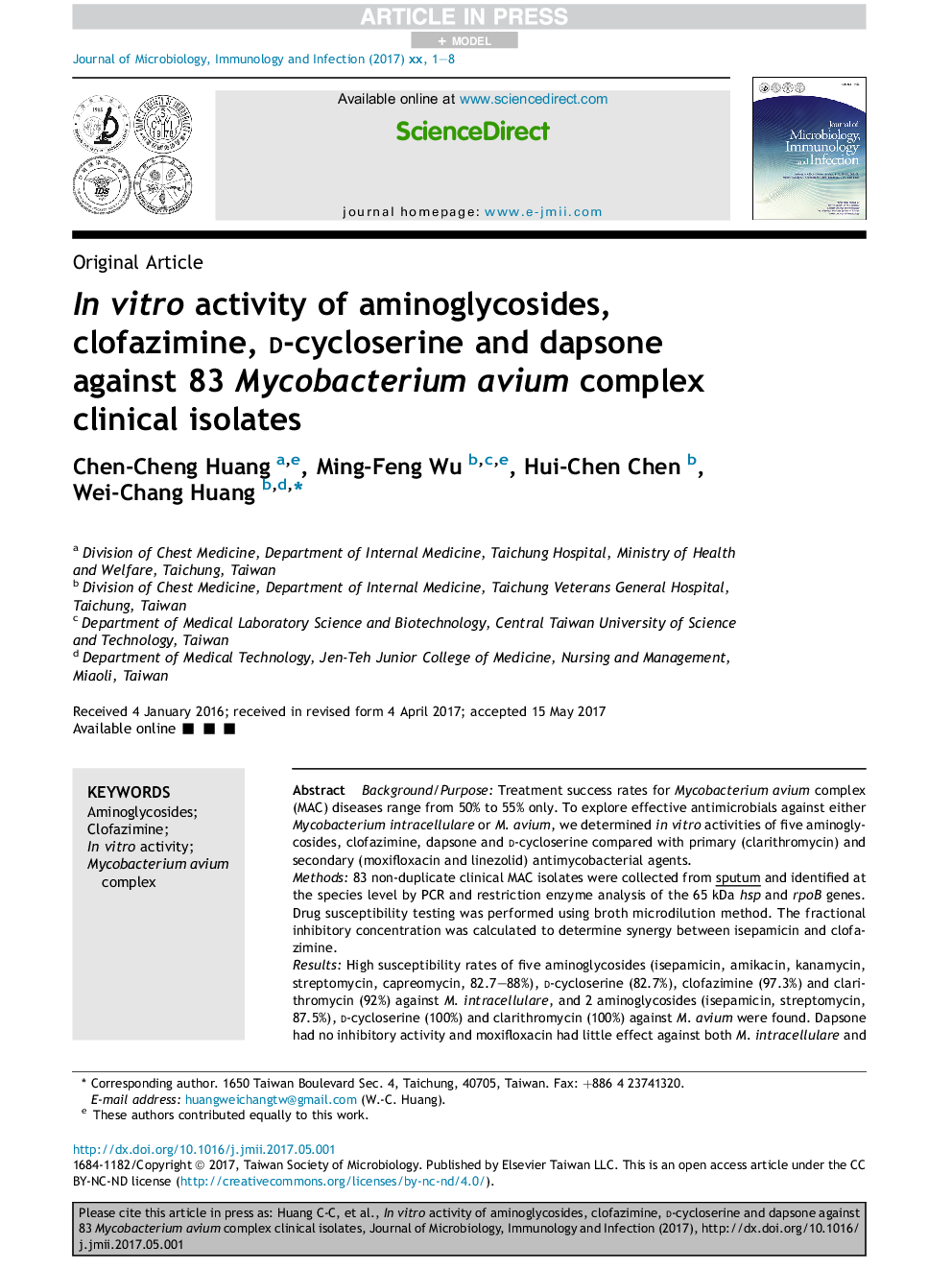 InÂ vitro activity of aminoglycosides, clofazimine, d-cycloserine and dapsone against 83 Mycobacterium avium complex clinical isolates