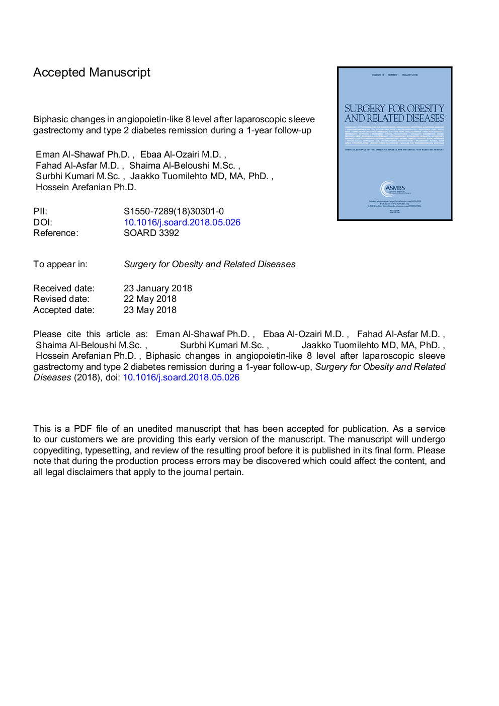 تغییرات دو جانبه در سطح آنژیوپوئیتین مانند سطح 8 پس از گاسترکتومی آستین لاپاروسکوپی و دیابت نوع 2 در طی پیگیری 1 ساله