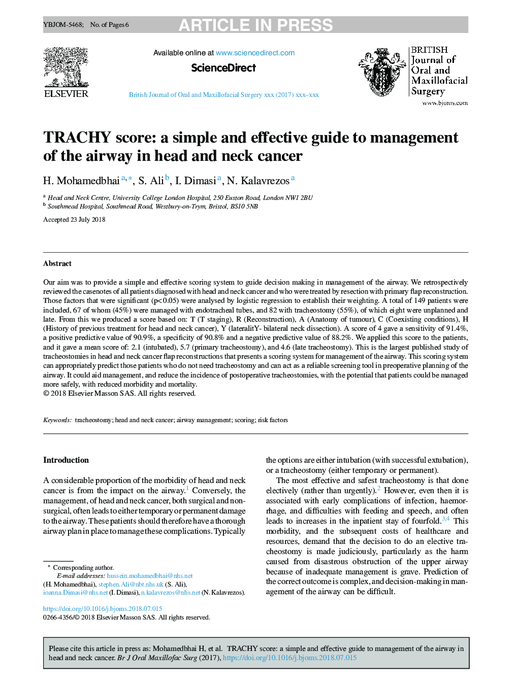 TRACHY score: a simple and effective guide to management of the airway in head and neck cancer