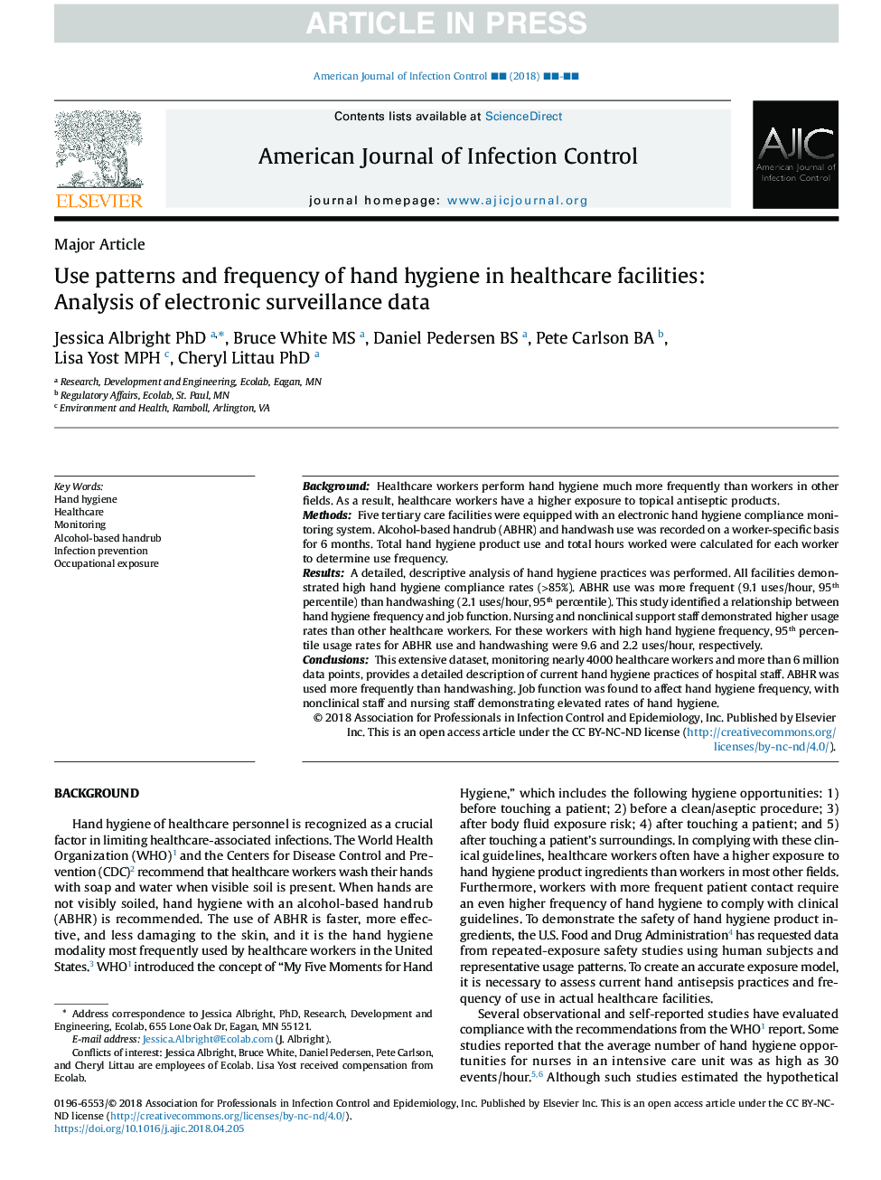 استفاده از الگوهای و فرکانس بهداشت دست در مراکز بهداشتی و درمانی: تجزیه و تحلیل داده های نظارت الکترونیکی