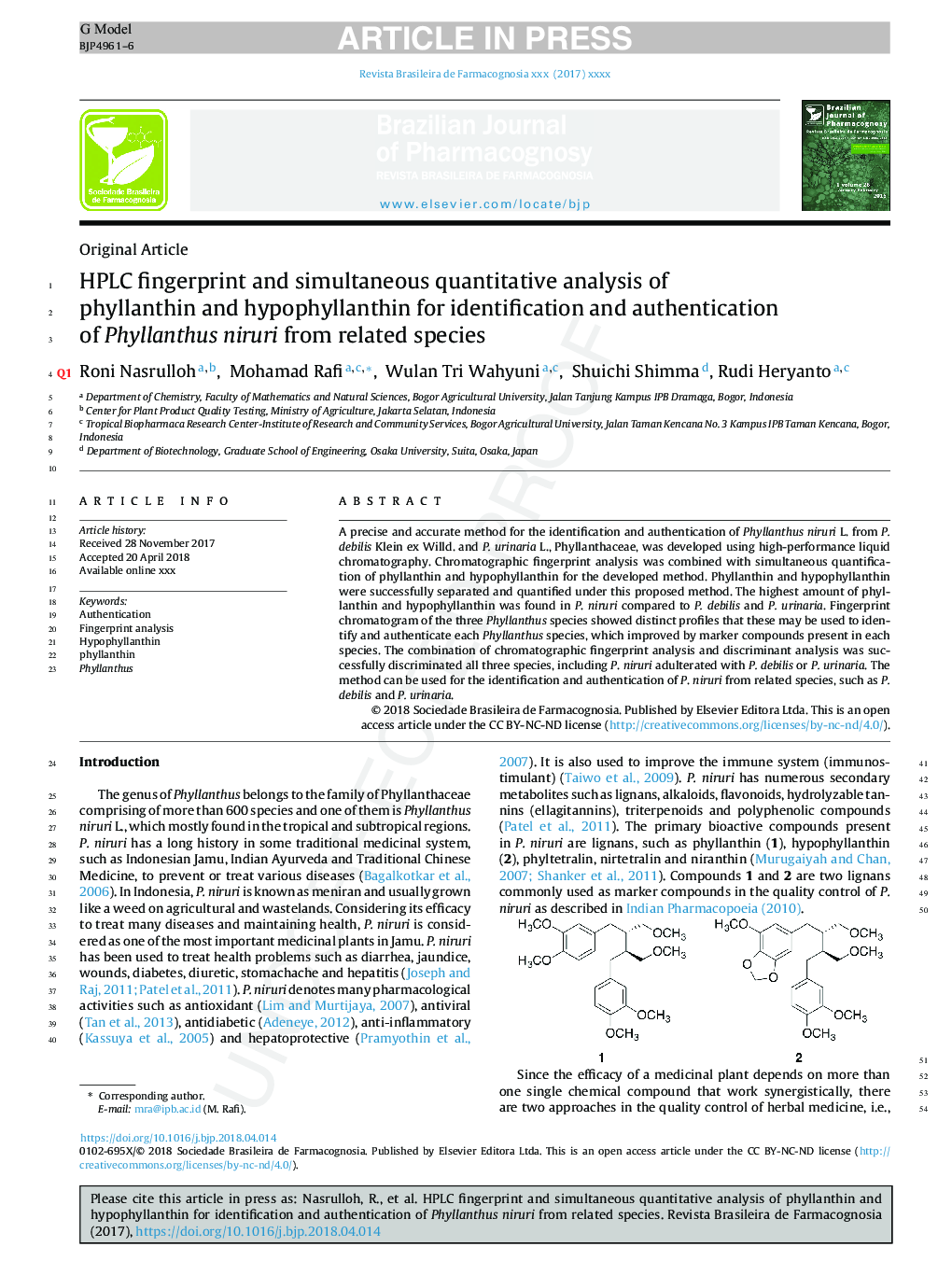 HPLC fingerprint and simultaneous quantitative analysis of phyllanthin and hypophyllanthin for identification and authentication of Phyllanthus niruri from related species