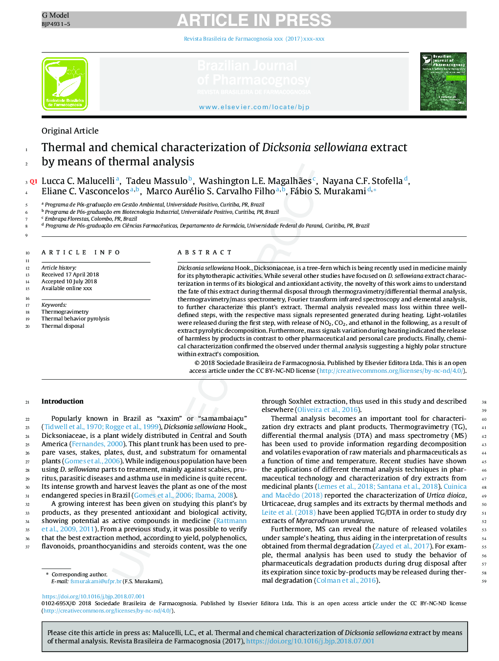 Thermal and chemical characterization of Dicksonia sellowiana extract by means of thermal analysis