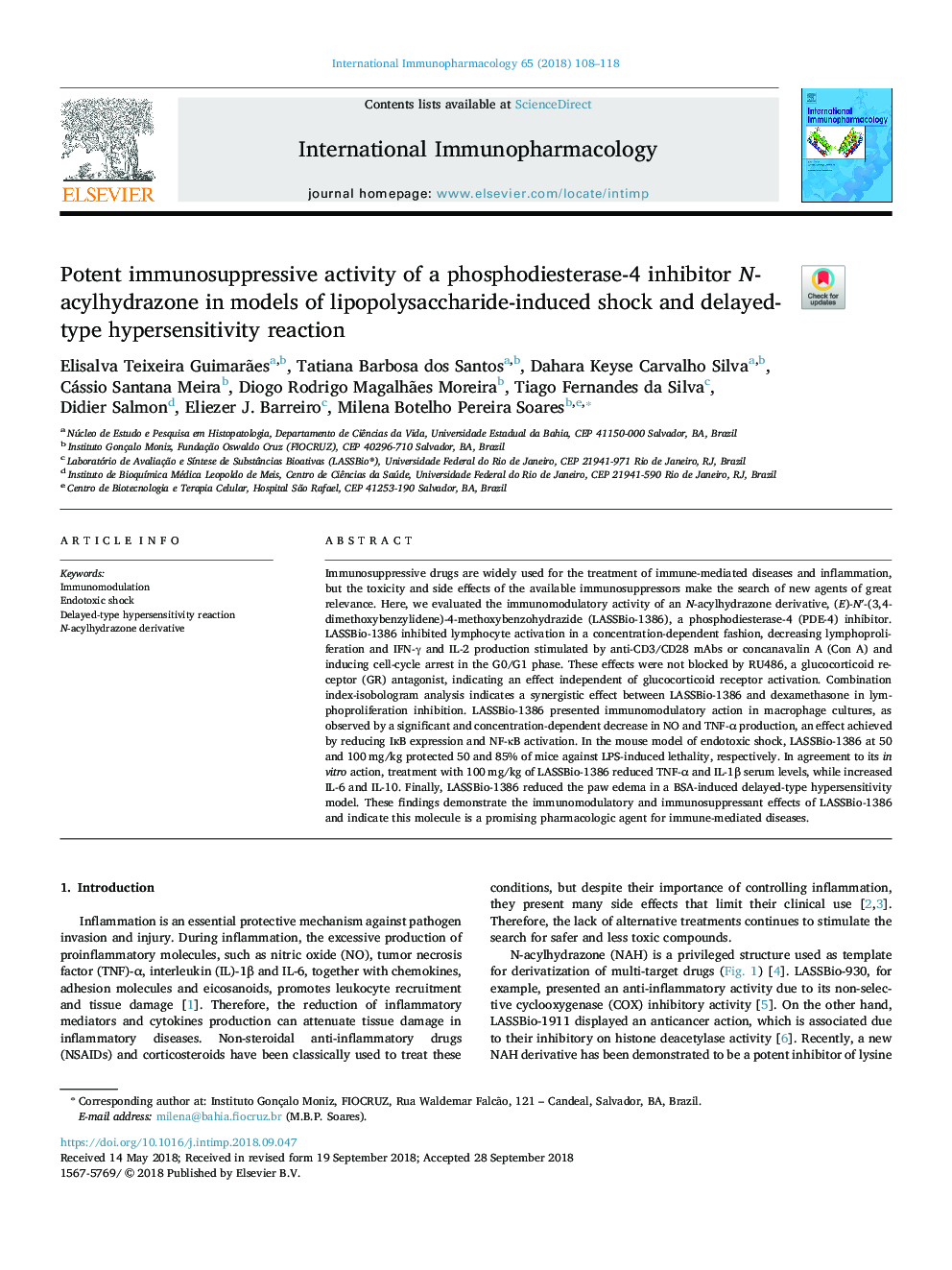 Potent immunosuppressive activity of a phosphodiesterase-4 inhibitor N-acylhydrazone in models of lipopolysaccharide-induced shock and delayed-type hypersensitivity reaction