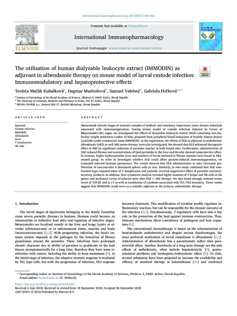 The utilisation of human dialyzable leukocyte extract (IMMODIN) as adjuvant in albendazole therapy on mouse model of larval cestode infection: Immunomodulatory and hepatoprotective effects
