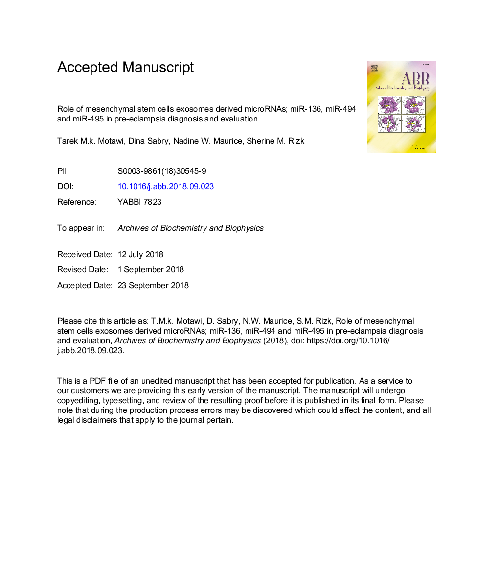 Role of mesenchymal stem cells exosomes derived microRNAs; miR-136, miR-494 and miR-495 in pre-eclampsia diagnosis and evaluation