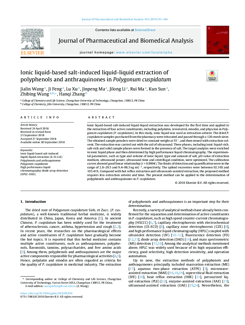 Ionic liquid-based salt-induced liquid-liquid extraction of polyphenols and anthraquinones in Polygonum cuspidatum