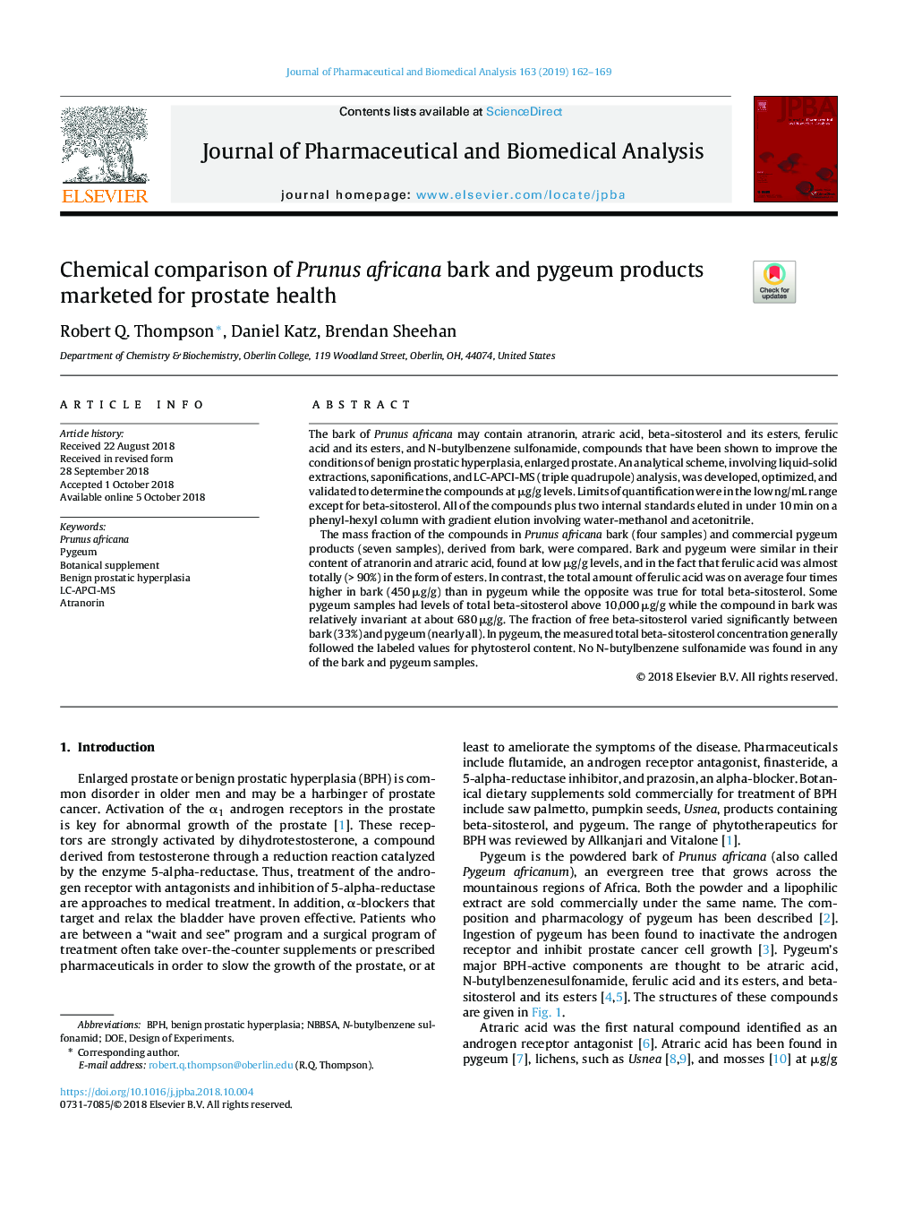 Chemical comparison of Prunus africana bark and pygeum products marketed for prostate health