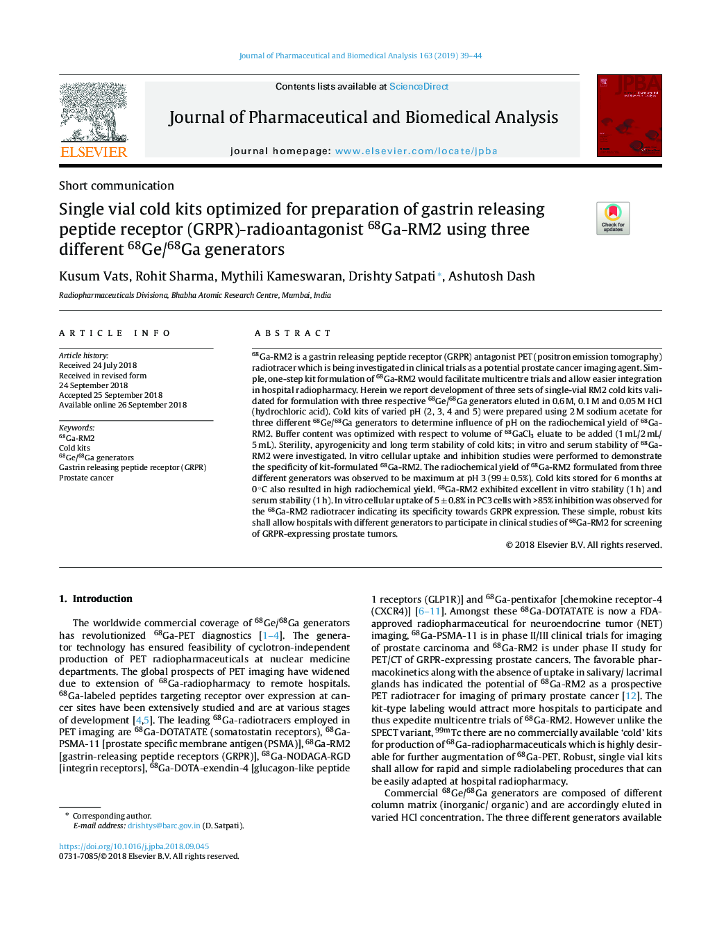 Single vial cold kits optimized for preparation of gastrin releasing peptide receptor (GRPR)-radioantagonist 68Ga-RM2 using three different 68Ge/68Ga generators