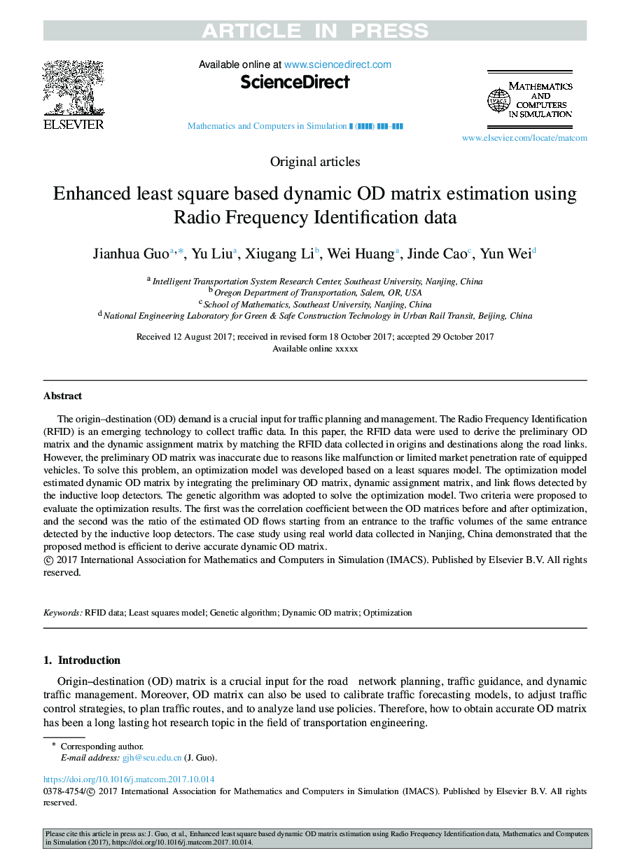 Enhanced least square based dynamic OD matrix estimation using Radio Frequency Identification data