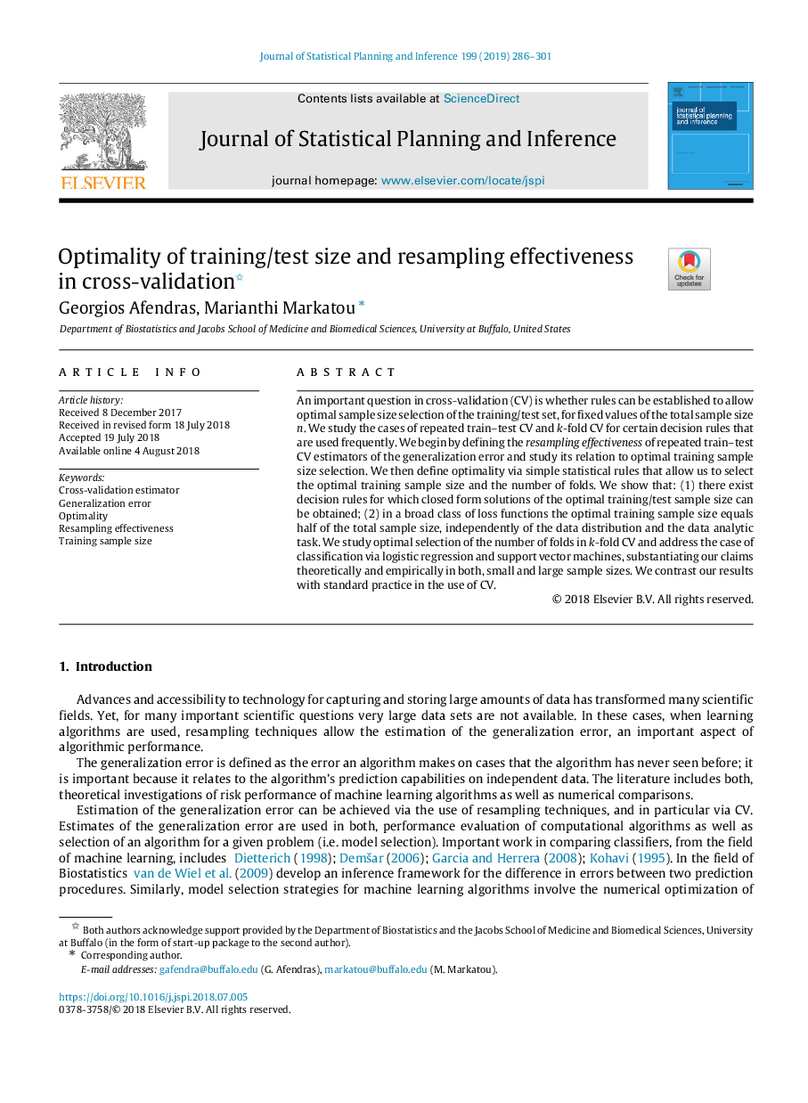 Optimality of training/test size and resampling effectiveness in cross-validation