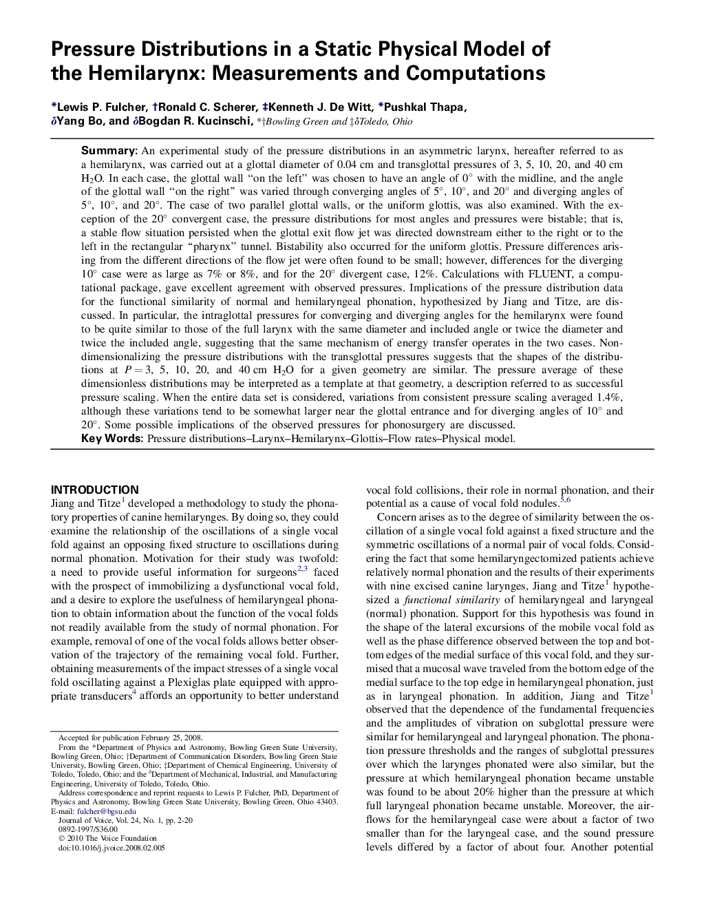 Pressure Distributions in a Static Physical Model of the Hemilarynx: Measurements and Computations