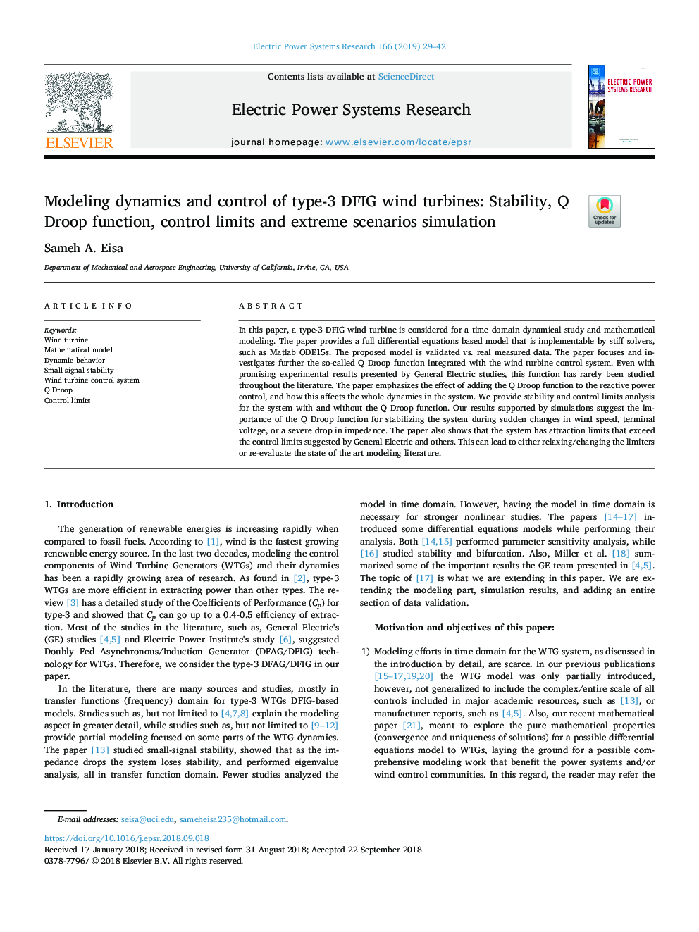 Modeling dynamics and control of type-3 DFIG wind turbines: Stability, Q Droop function, control limits and extreme scenarios simulation