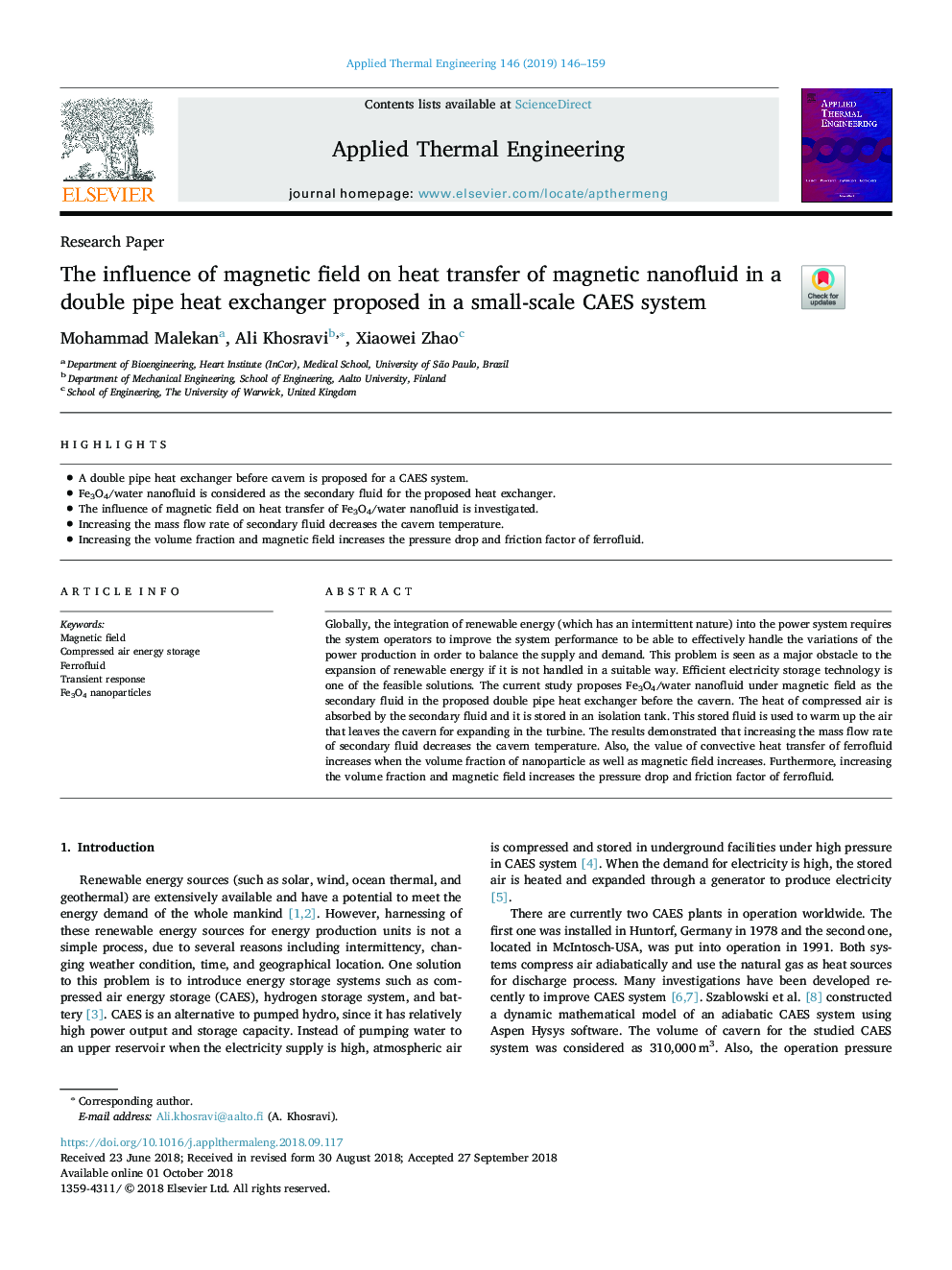 The influence of magnetic field on heat transfer of magnetic nanofluid in a double pipe heat exchanger proposed in a small-scale CAES system