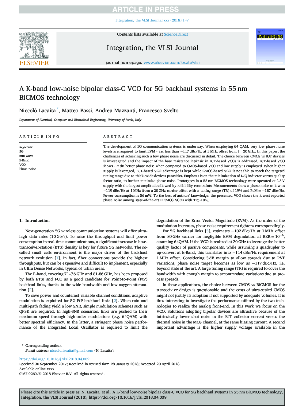 A K-band low-noise bipolar class-C VCO for 5G backhaul systems in 55â¯nm BiCMOS technology