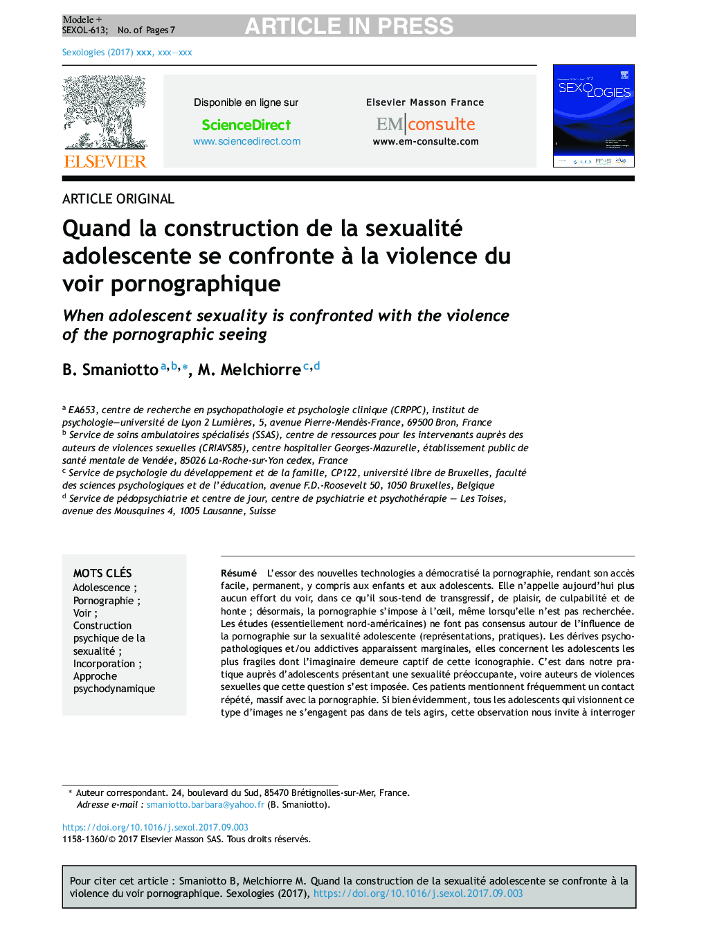 Quand la construction de la sexualité adolescente se confronte Ã  la violence du voir pornographique