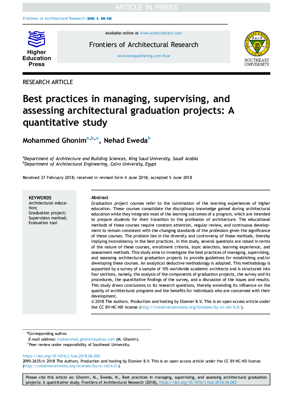 بهترین شیوه های مدیریت، نظارت و ارزیابی پروژه های فارغ التحصیل معماری: یک مطالعه کمی