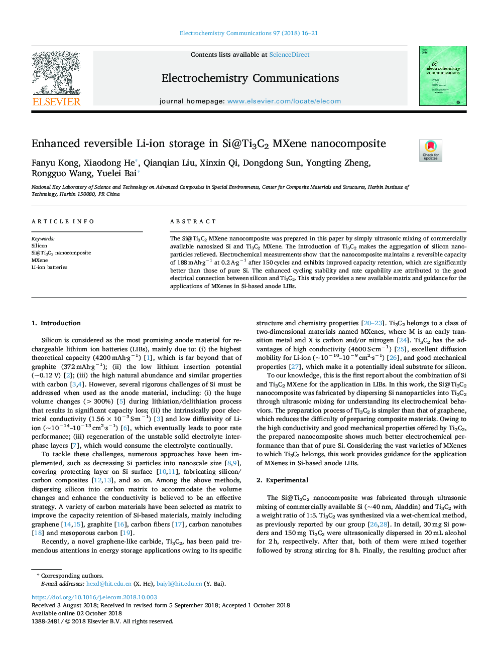 Enhanced reversible Li-ion storage in Si@Ti3C2 MXene nanocomposite