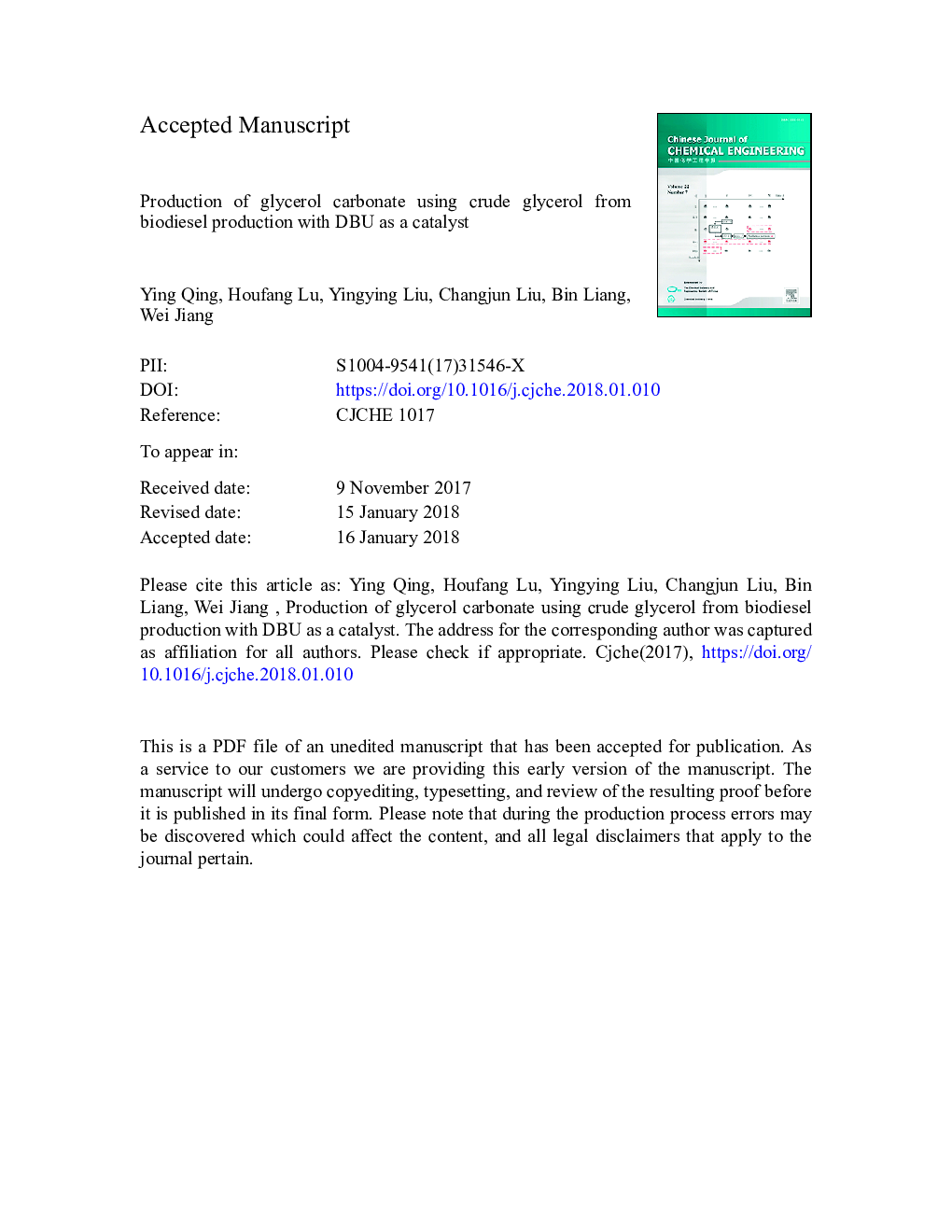 Production of glycerol carbonate using crude glycerol from biodiesel production with DBU as a catalyst