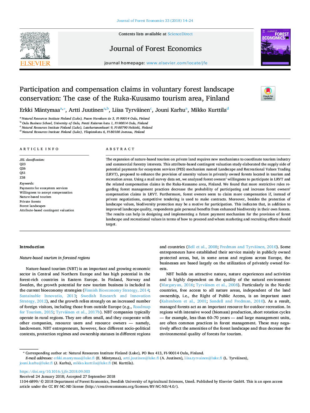 Participation and compensation claims in voluntary forest landscape conservation: The case of the Ruka-Kuusamo tourism area, Finland