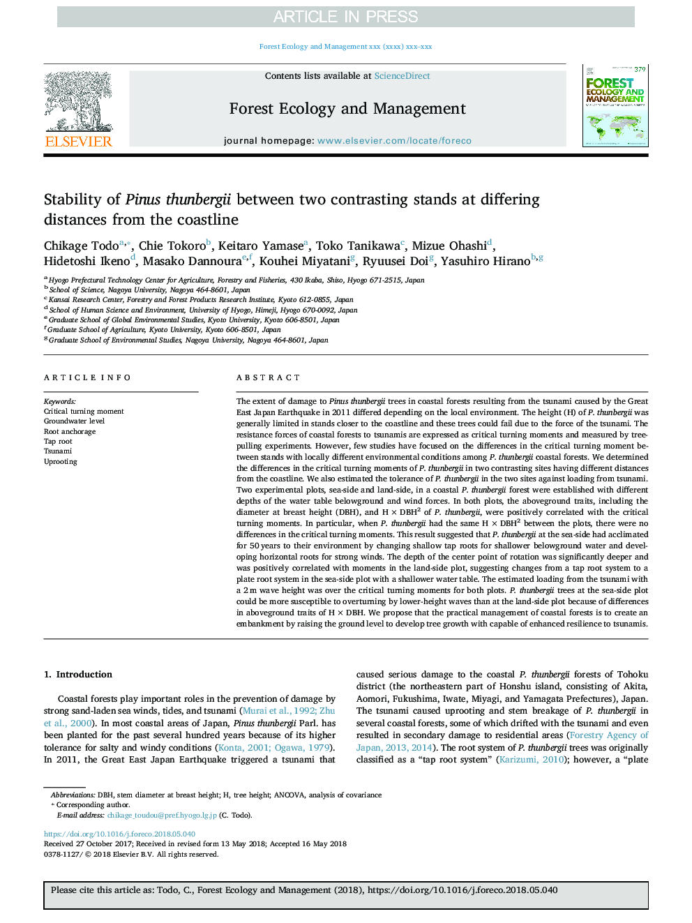 Stability of Pinus thunbergii between two contrasting stands at differing distances from the coastline