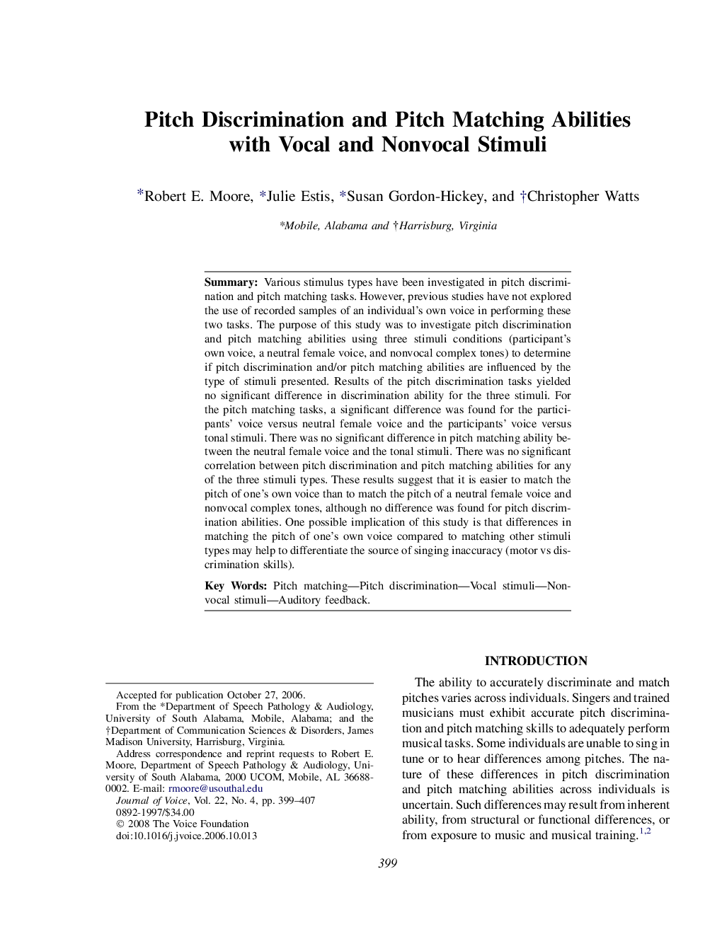 Pitch Discrimination and Pitch Matching Abilities with Vocal and Nonvocal Stimuli