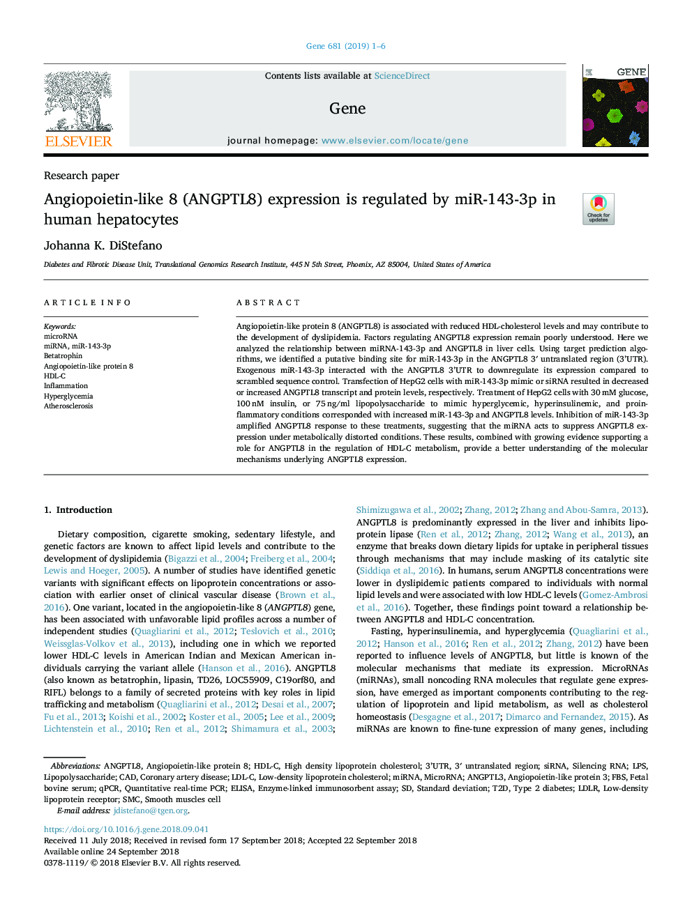 Angiopoietin-like 8 (ANGPTL8) expression is regulated by miR-143-3p in human hepatocytes