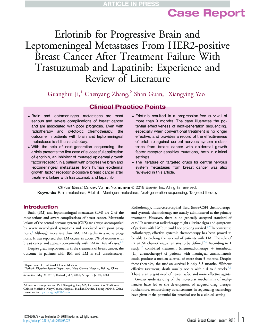 Erlotinib for Progressive Brain and Leptomeningeal Metastases From HER2-positive Breast Cancer After Treatment Failure With Trastuzumab and Lapatinib: Experience and Review of Literature