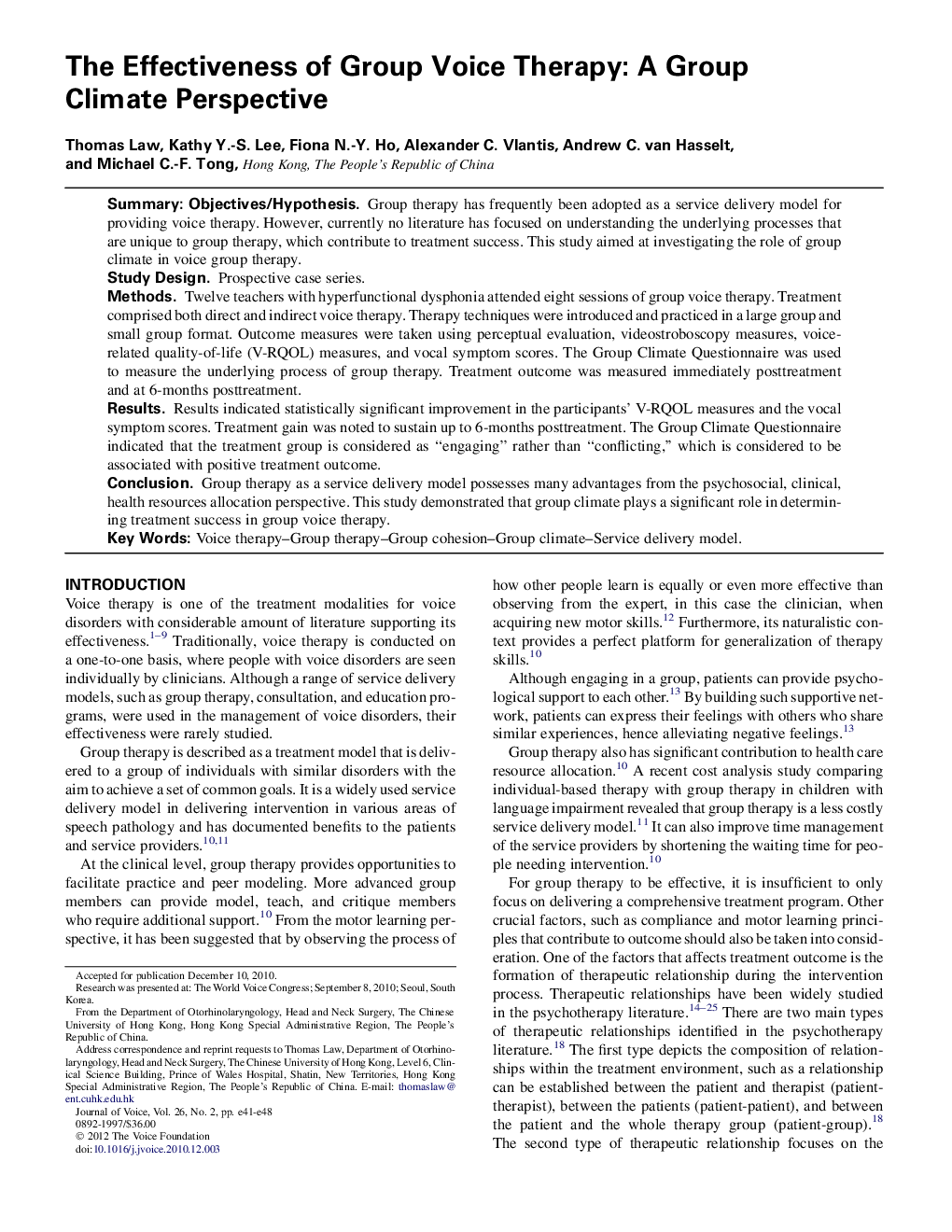 The Effectiveness of Group Voice Therapy: A Group Climate Perspective