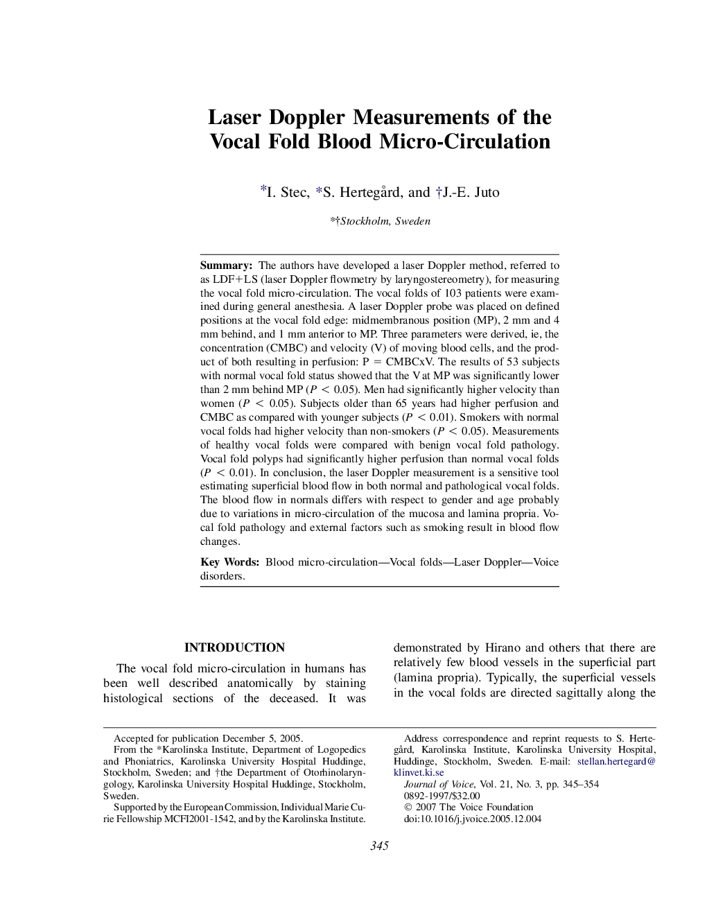 Laser Doppler Measurements of the Vocal Fold Blood Micro-Circulation 