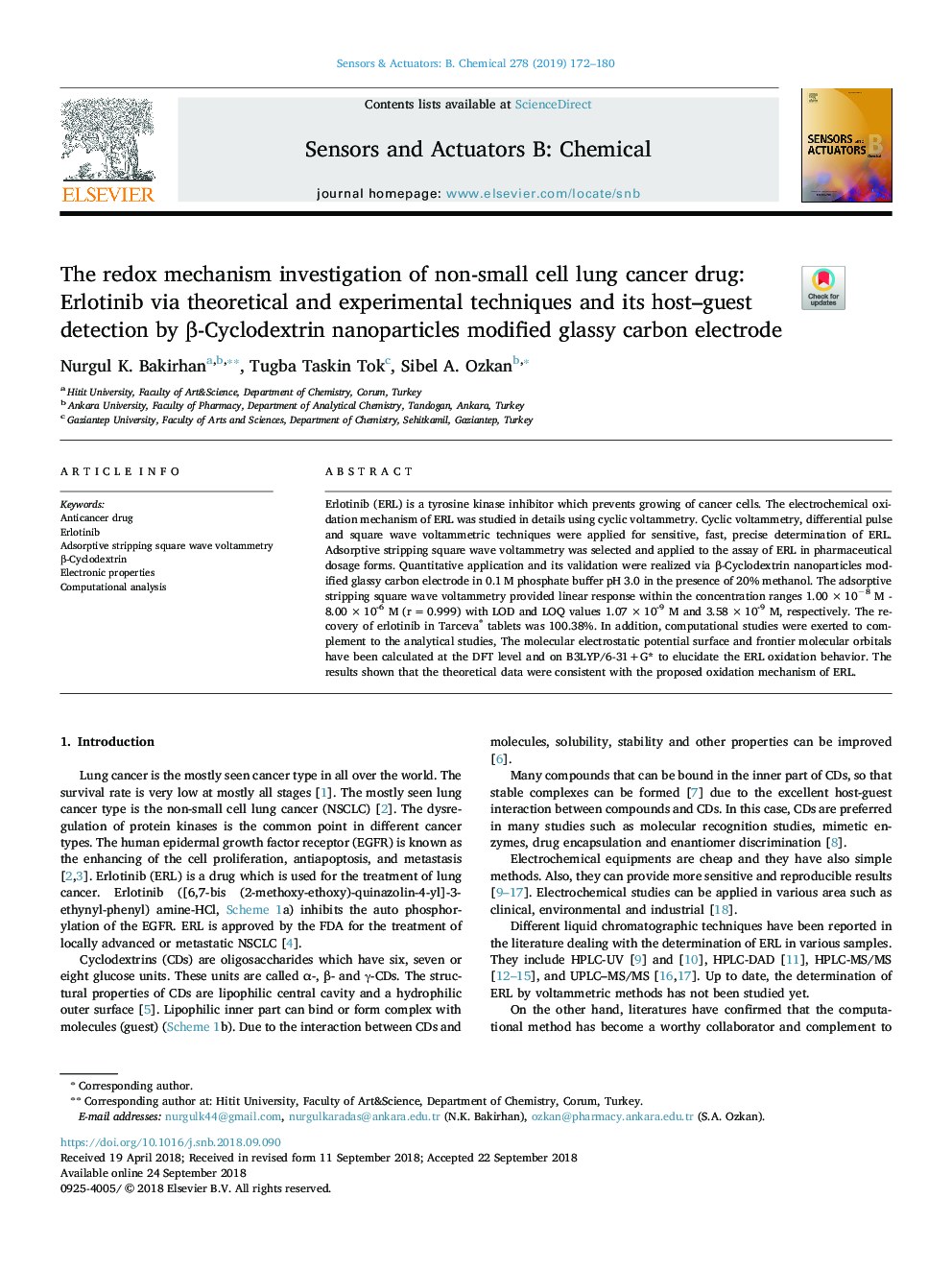 The redox mechanism investigation of non-small cell lung cancer drug: Erlotinib via theoretical and experimental techniques and its host-guest detection by Î²-Cyclodextrin nanoparticles modified glassy carbon electrode