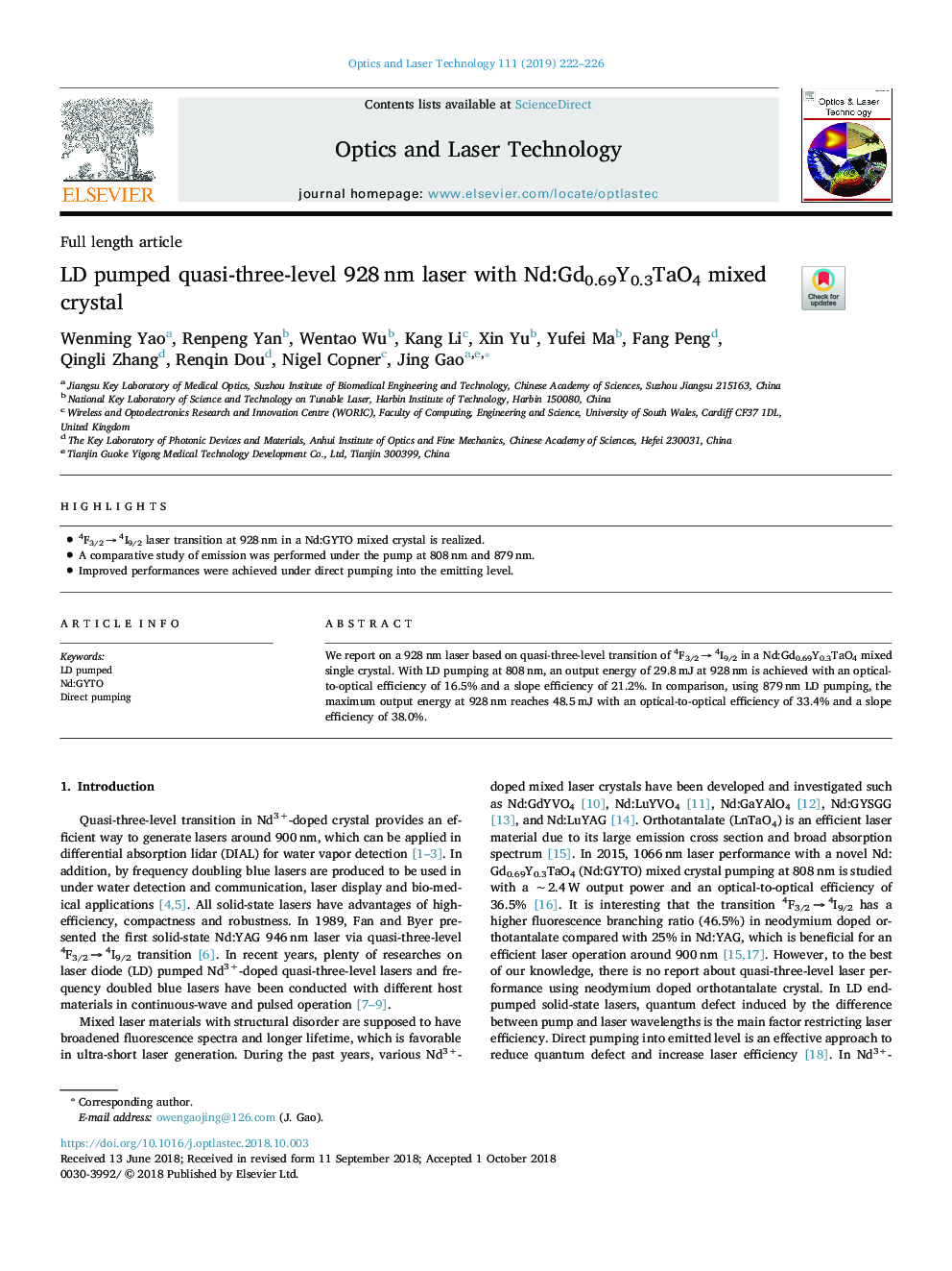 LD pumped quasi-three-level 928â¯nm laser with Nd:Gd0.69Y0.3TaO4 mixed crystal