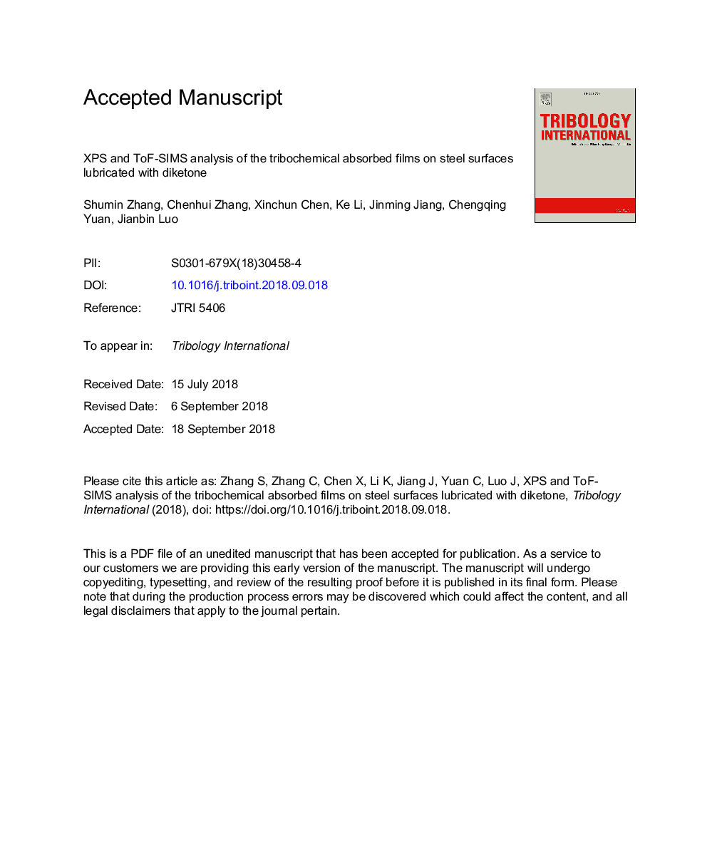 XPS and ToF-SIMS analysis of the tribochemical absorbed films on steel surfaces lubricated with diketone