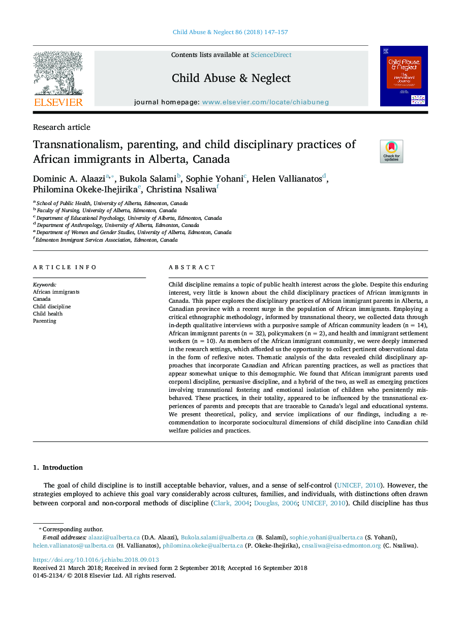 Transnationalism, parenting, and child disciplinary practices of African immigrants in Alberta, Canada