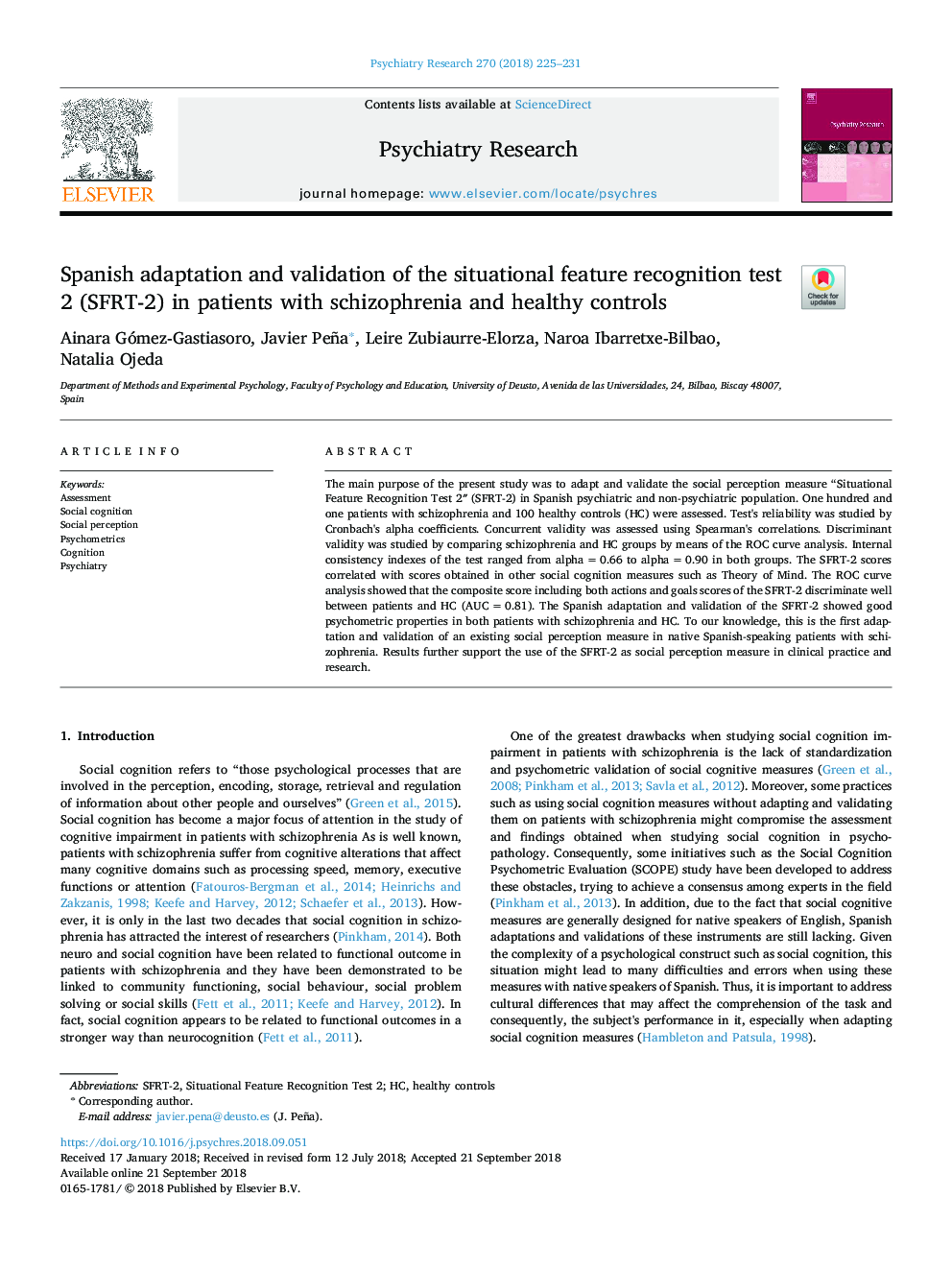 Spanish adaptation and validation of the situational feature recognition test 2 (SFRT-2) in patients with schizophrenia and healthy controls