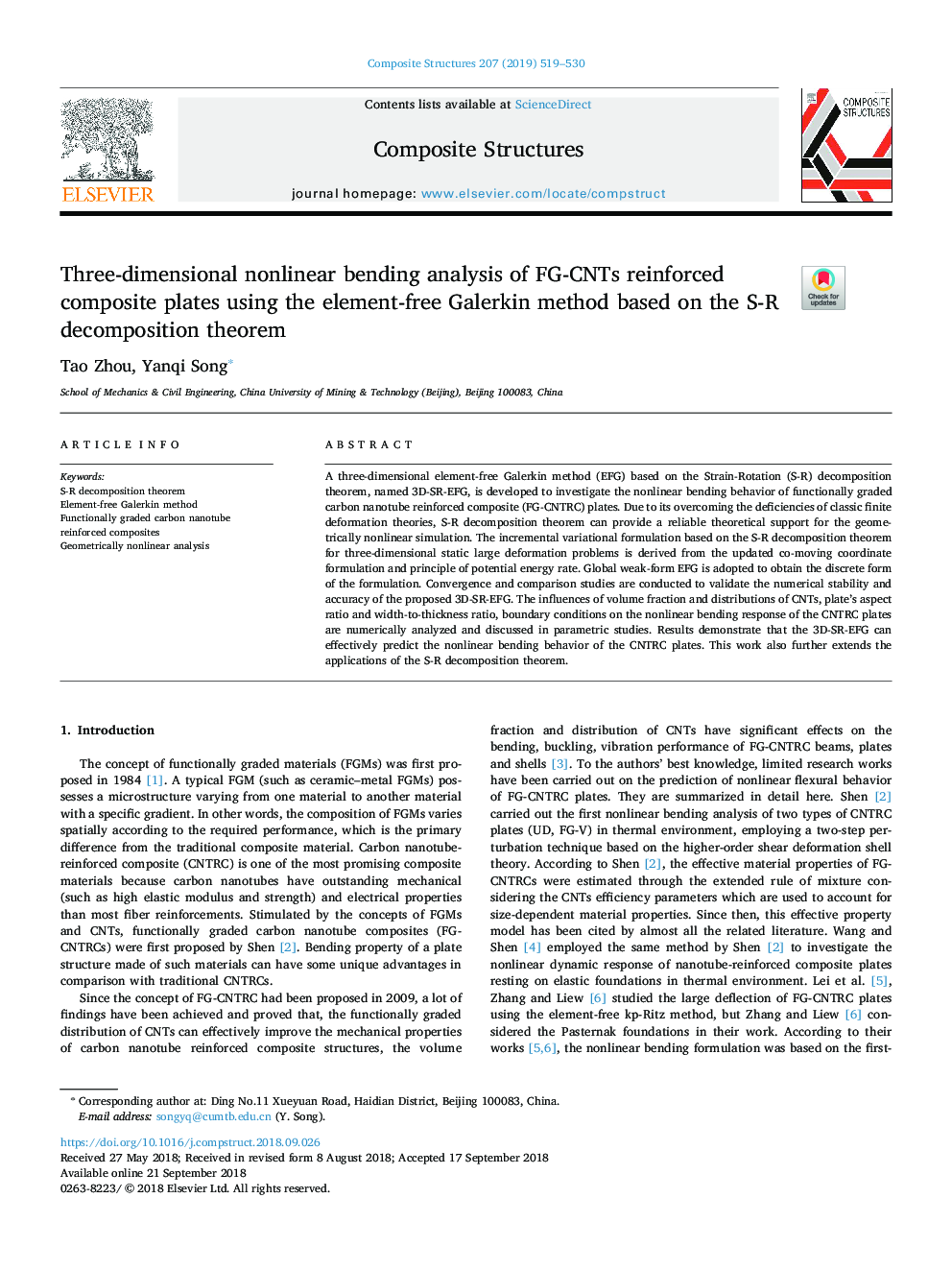 Three-dimensional nonlinear bending analysis of FG-CNTs reinforced composite plates using the element-free Galerkin method based on the S-R decomposition theorem