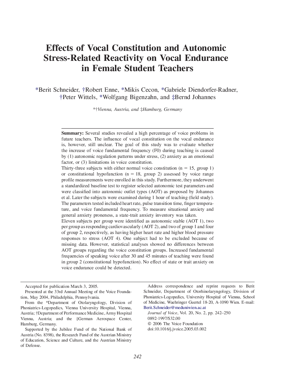 Effects of Vocal Constitution and Autonomic Stress-Related Reactivity on Vocal Endurance in Female Student Teachers 