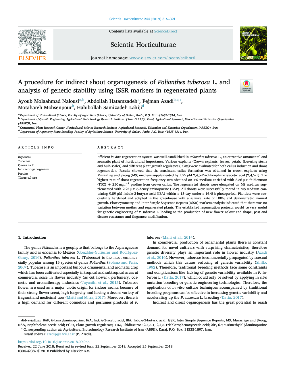 A procedure for indirect shoot organogenesis of Polianthes tuberosa L. and analysis of genetic stability using ISSR markers in regenerated plants