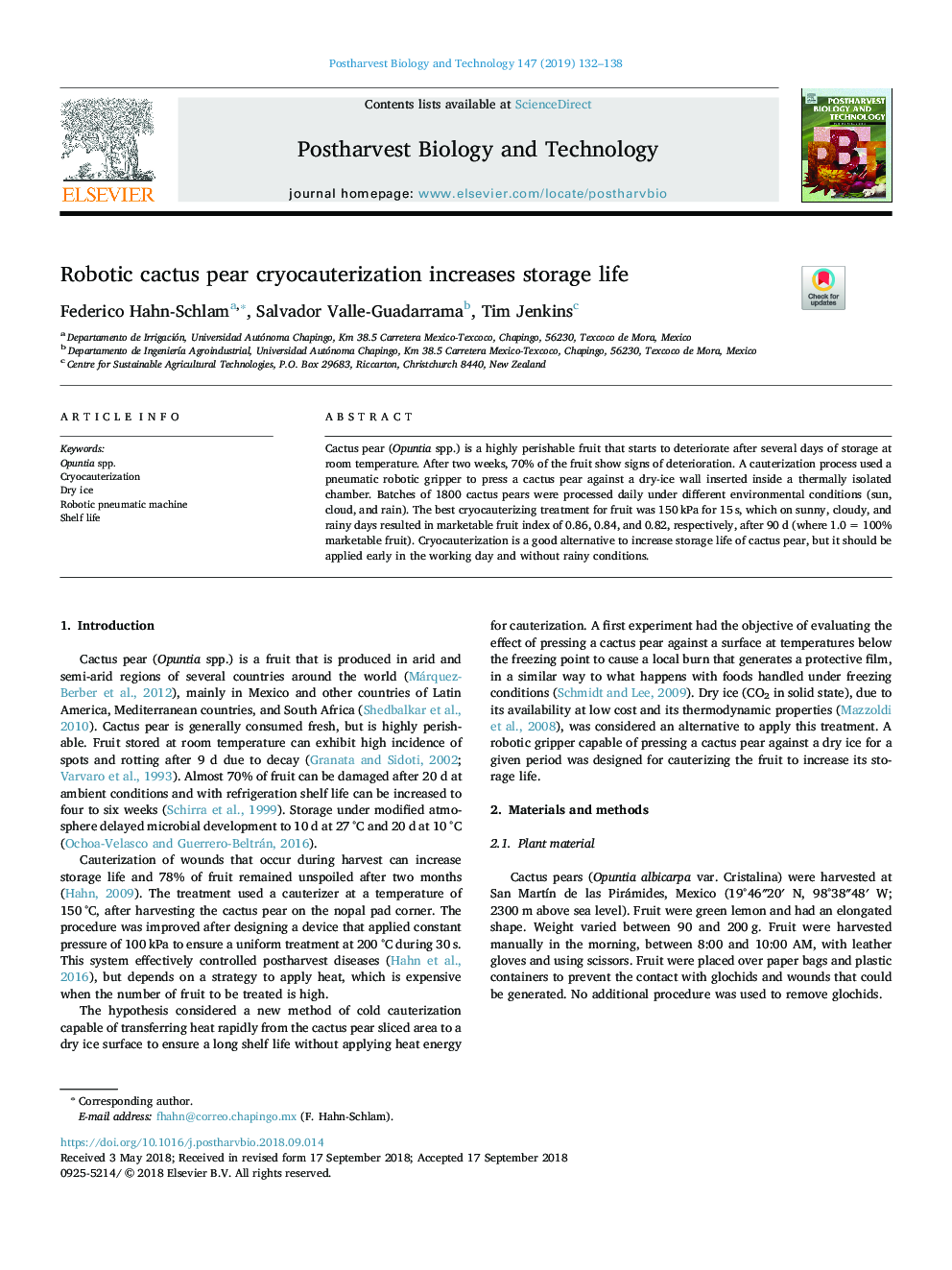 Robotic cactus pear cryocauterization increases storage life