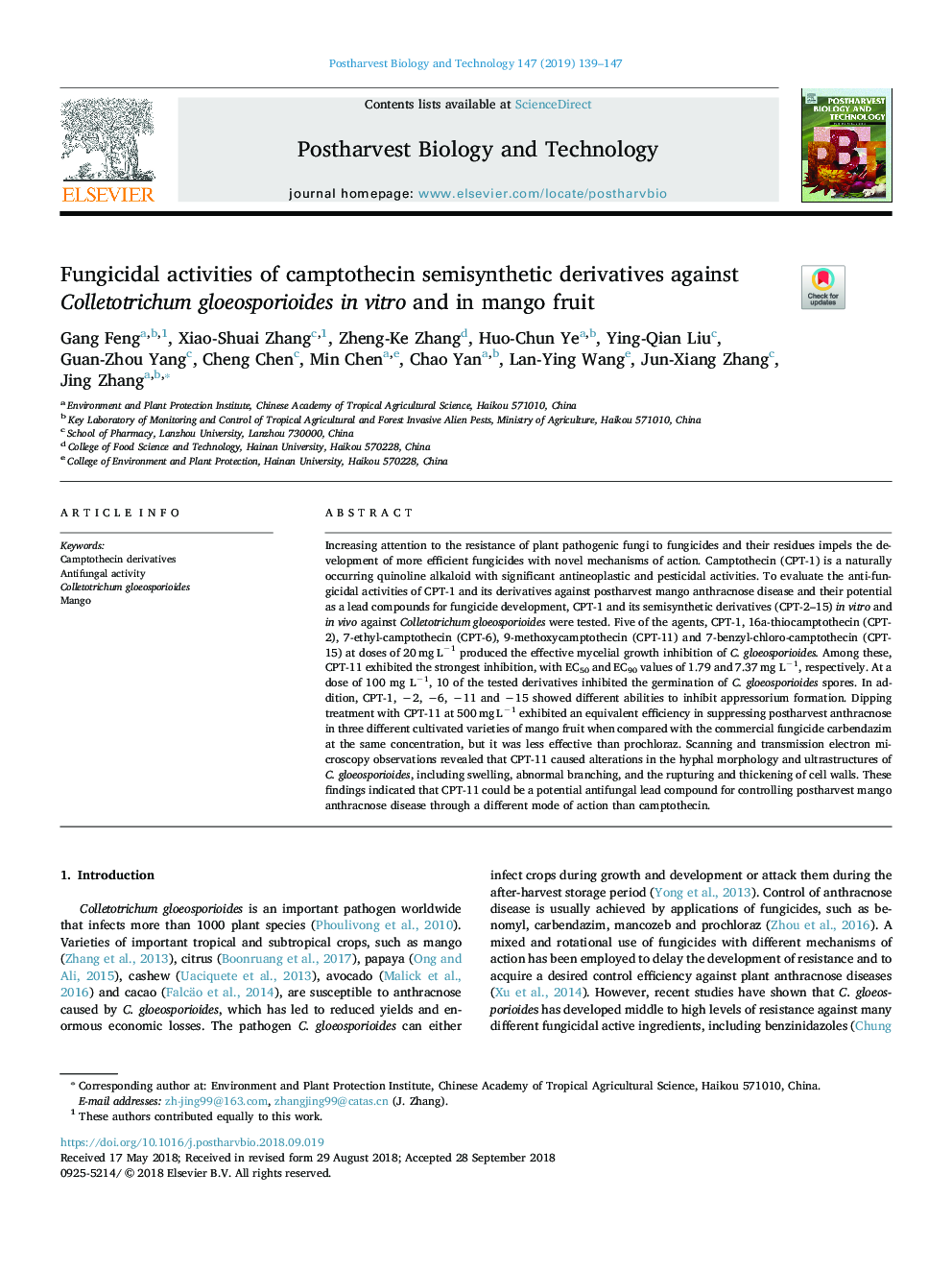 Fungicidal activities of camptothecin semisynthetic derivatives against Colletotrichum gloeosporioides in vitro and in mango fruit