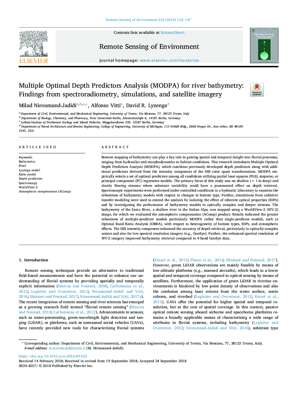 Multiple Optimal Depth Predictors Analysis (MODPA) for river bathymetry: Findings from spectroradiometry, simulations, and satellite imagery