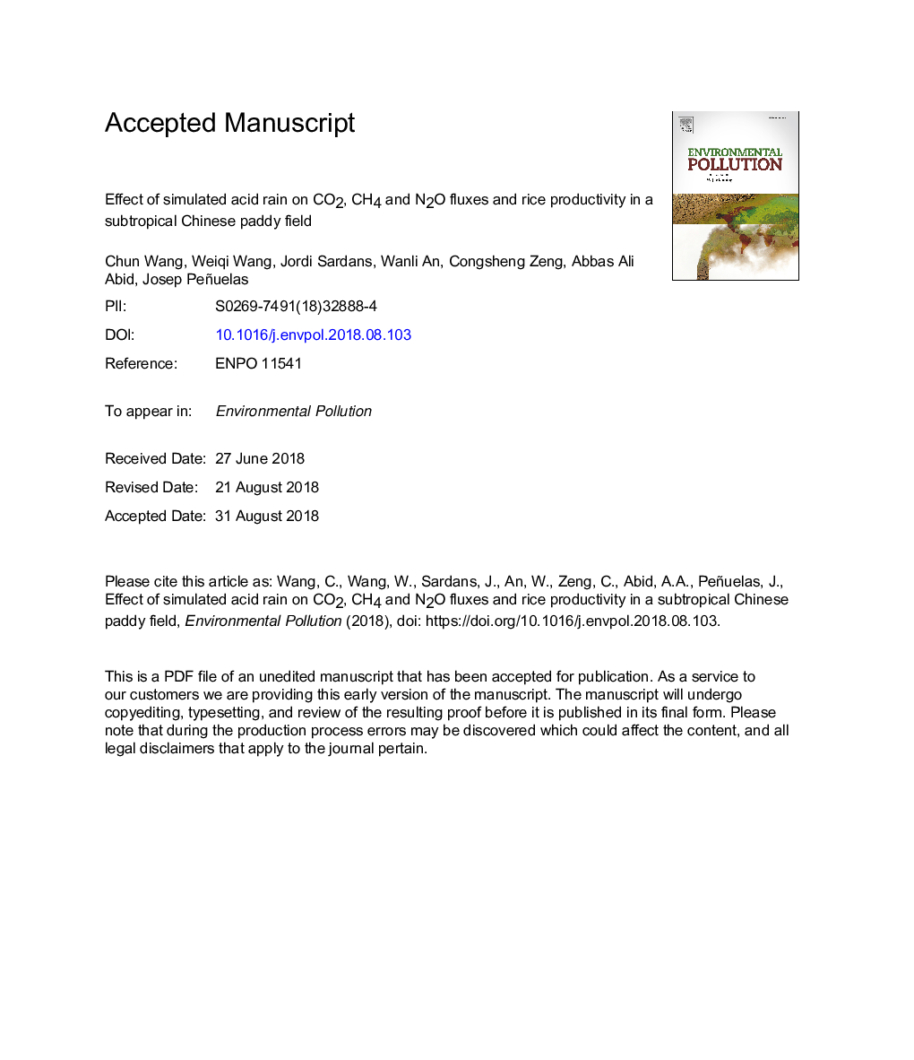 Effect of simulated acid rain on CO2, CH4 and N2O fluxes and rice productivity in a subtropical Chinese paddy field