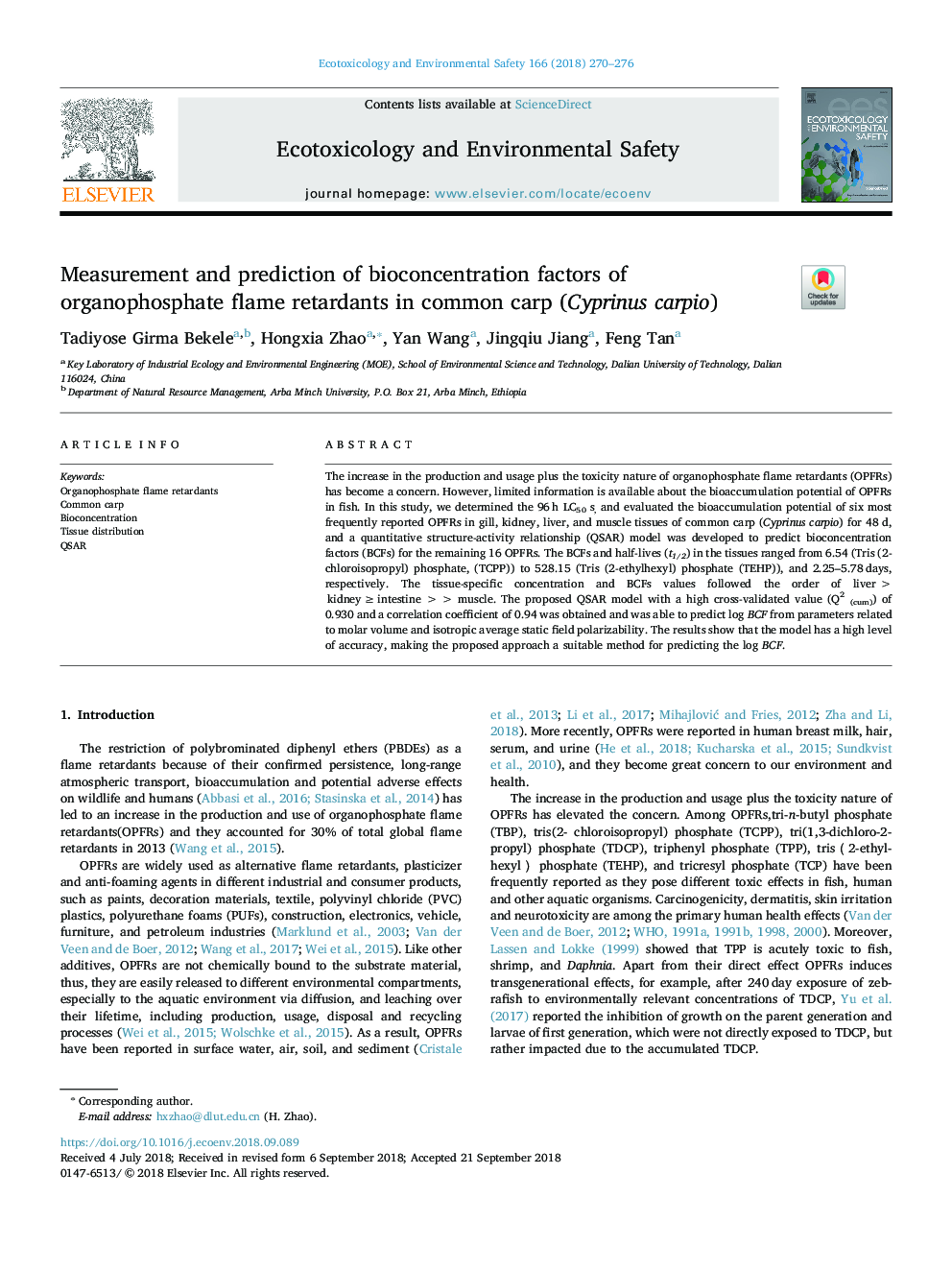 Measurement and prediction of bioconcentration factors of organophosphate flame retardants in common carp (Cyprinus carpio)