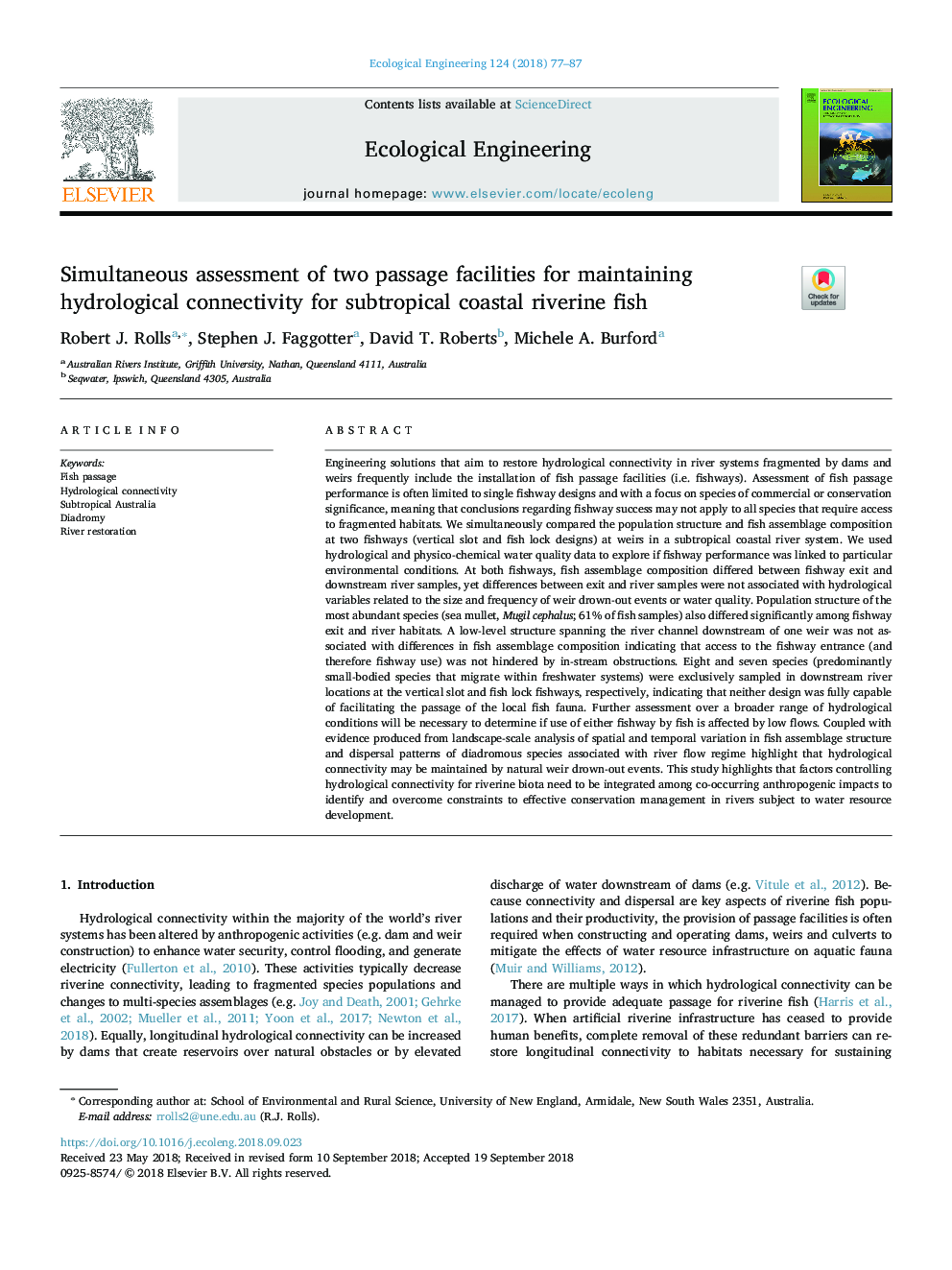 ارزیابی همزمان دو امکانات عبور برای حفظ اتصال هیدرولوژیکی برای ماهی های ساحلی ساحلی نیمه گرمسیری