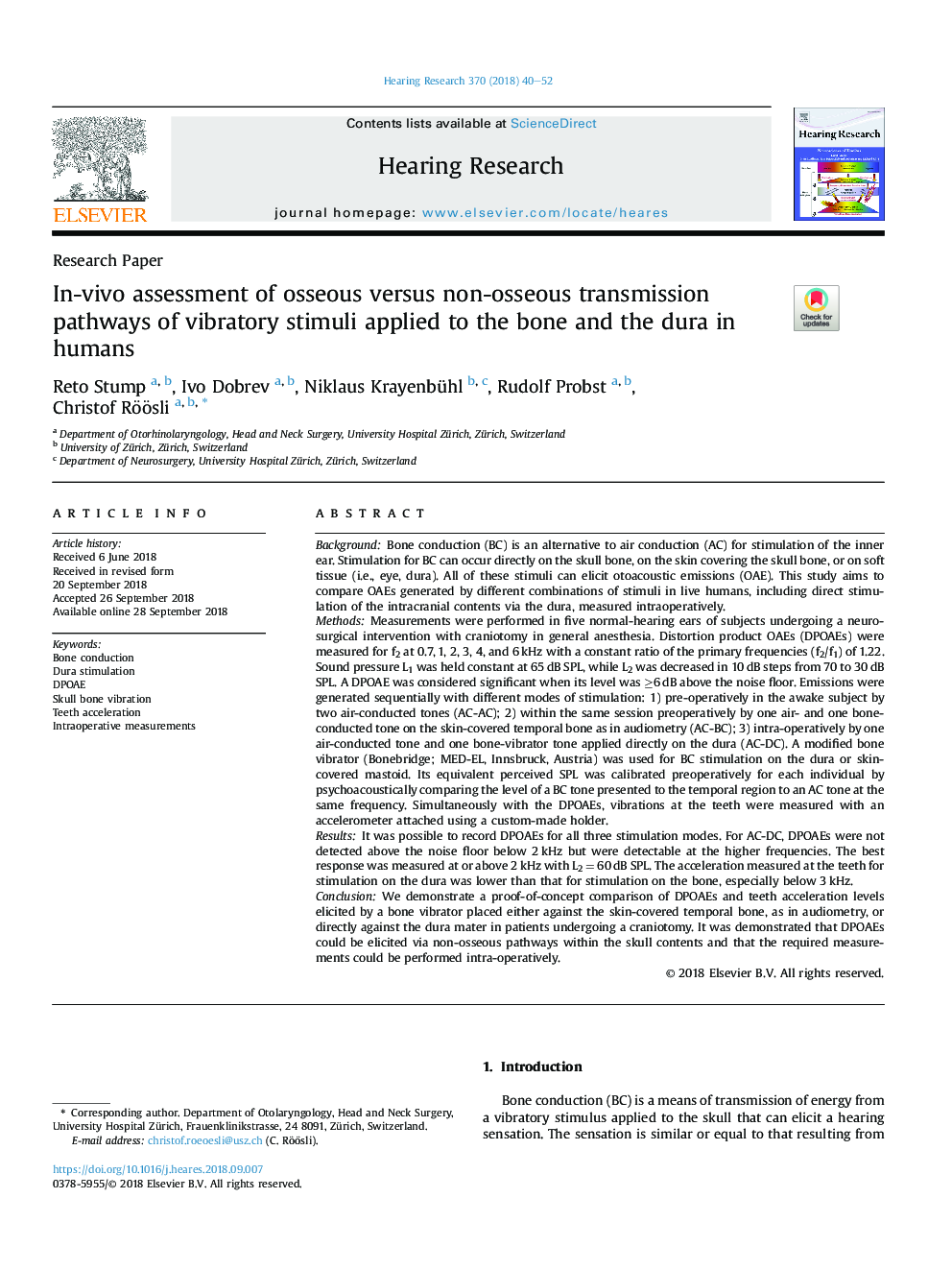 In-vivo assessment of osseous versus non-osseous transmission pathways of vibratory stimuli applied to the bone and the dura in humans