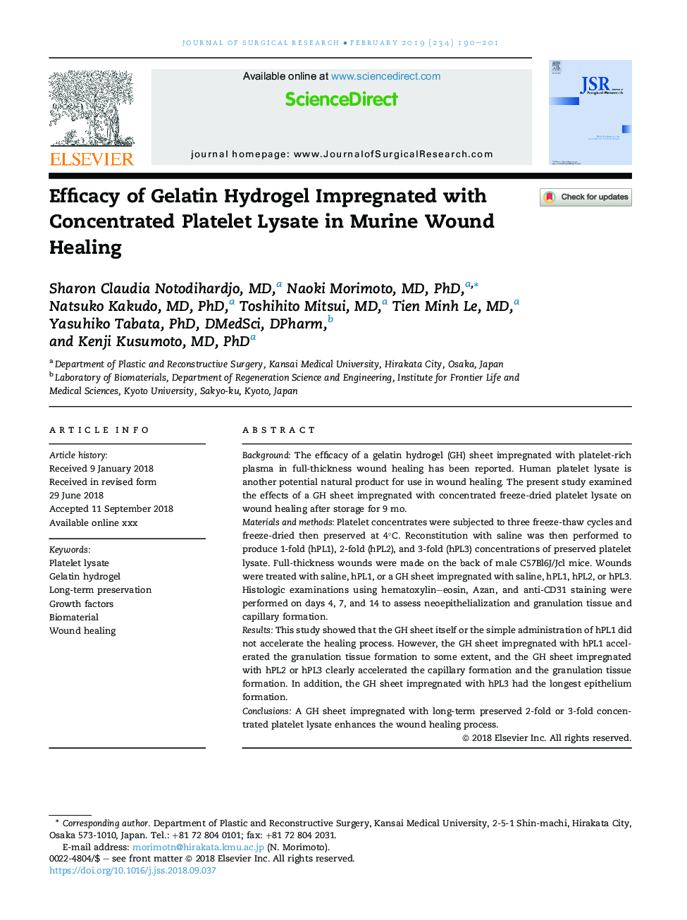 Efficacy of Gelatin Hydrogel Impregnated with Concentrated Platelet Lysate in Murine Wound Healing