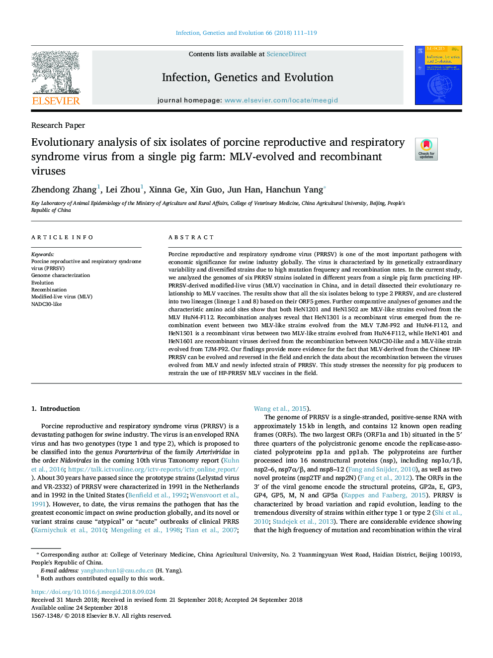 Evolutionary analysis of six isolates of porcine reproductive and respiratory syndrome virus from a single pig farm: MLV-evolved and recombinant viruses