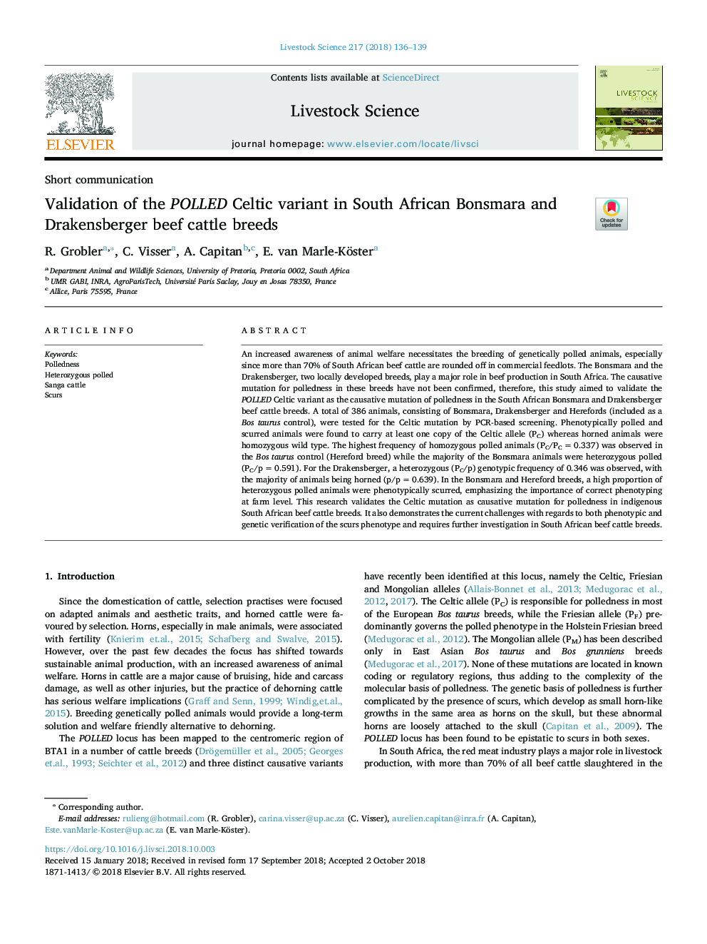 Validation of the POLLED Celtic variant in South African Bonsmara and Drakensberger beef cattle breeds