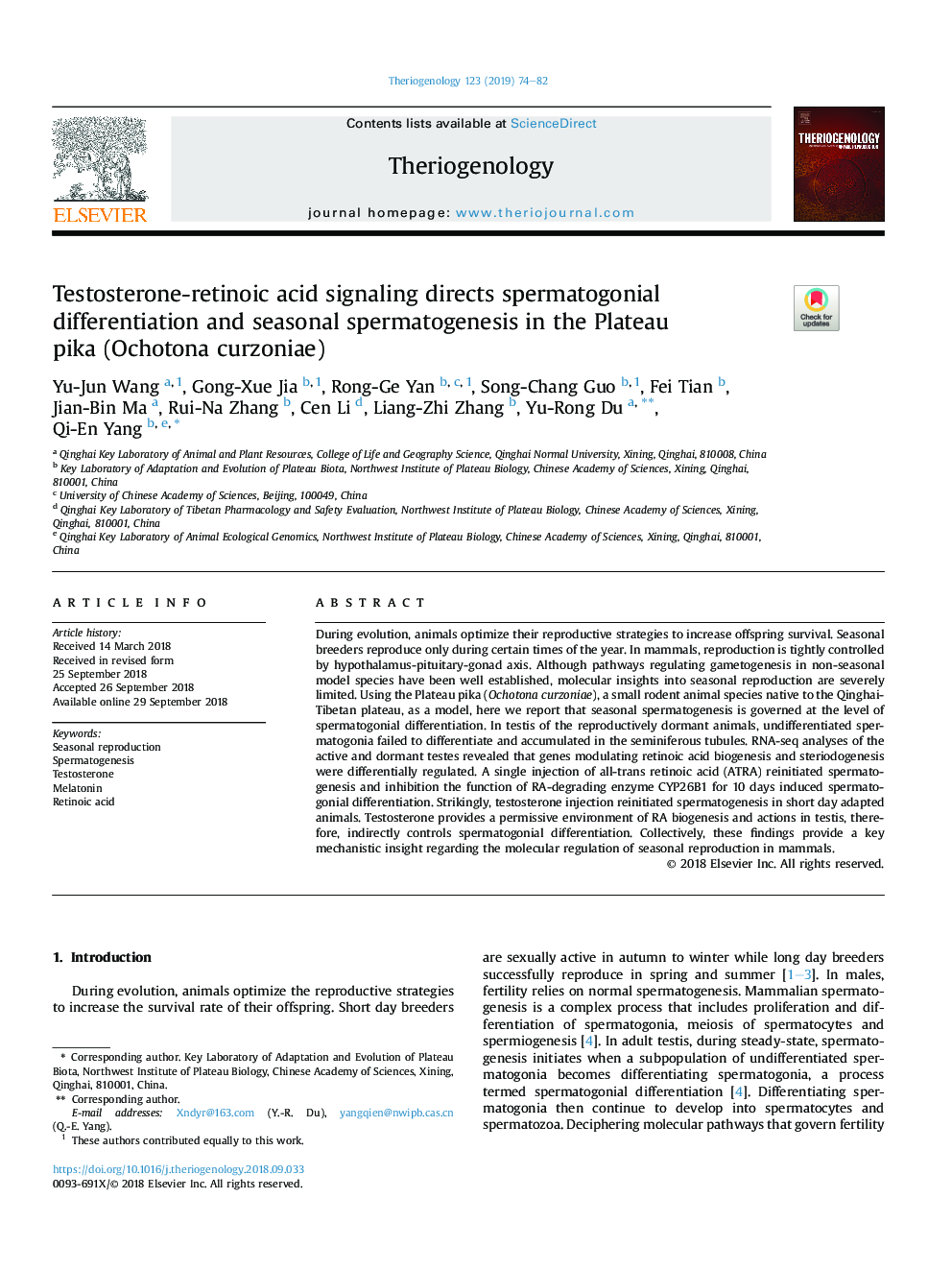 Testosterone-retinoic acid signaling directs spermatogonial differentiation and seasonal spermatogenesis in the Plateau pikaÂ (Ochotona curzoniae)