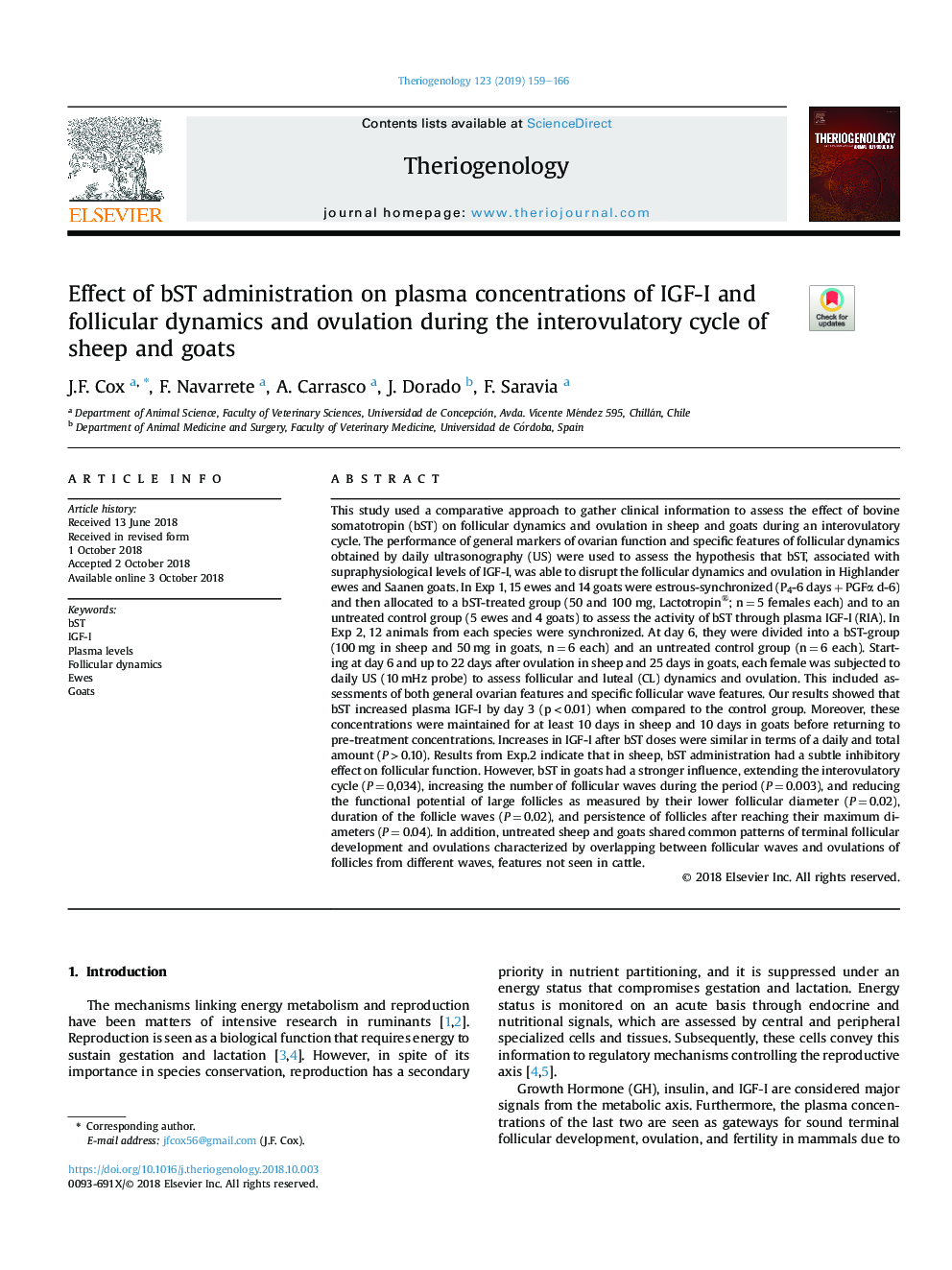Effect of bST administration on plasma concentrations of IGF-I and follicular dynamics and ovulation during the interovulatory cycle of sheep and goats