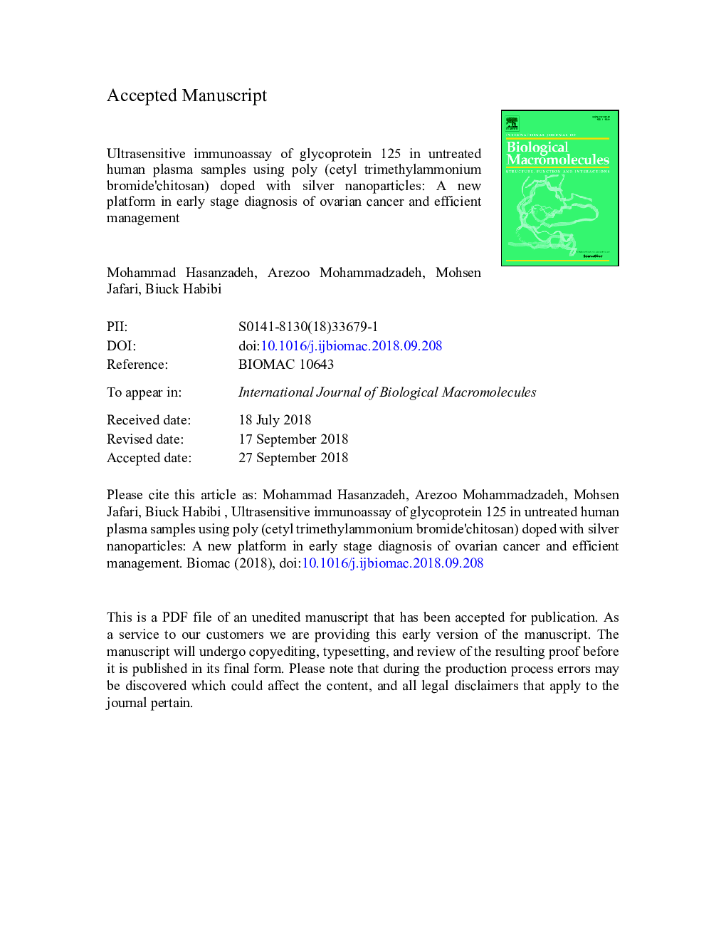 Ultrasensitive immunoassay of glycoprotein 125 (CA 125) in untreated human plasma samples using poly (CTABâchitosan) doped with silver nanoparticles